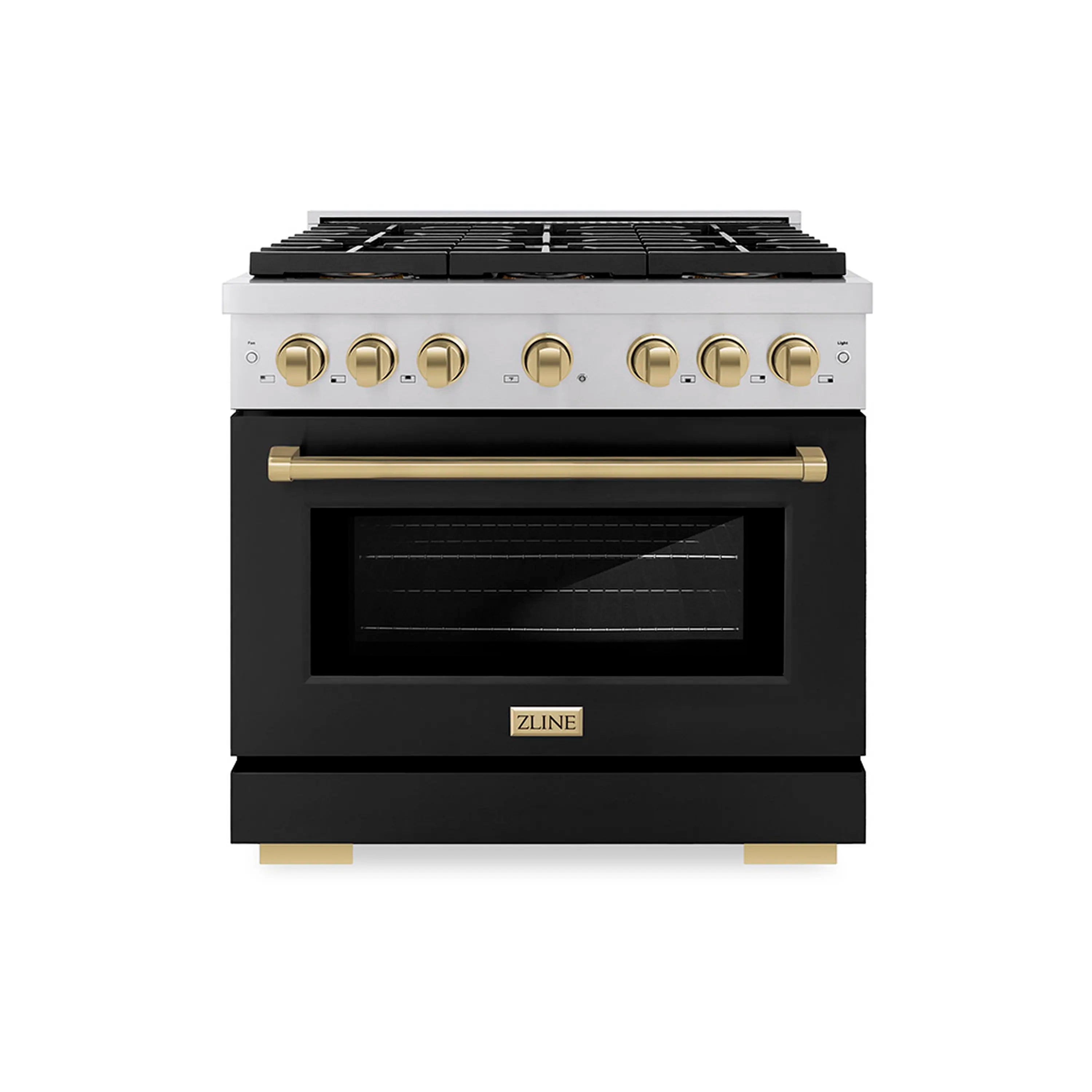 Black matte dual fuel range with champagne bronze accent controls and oven door