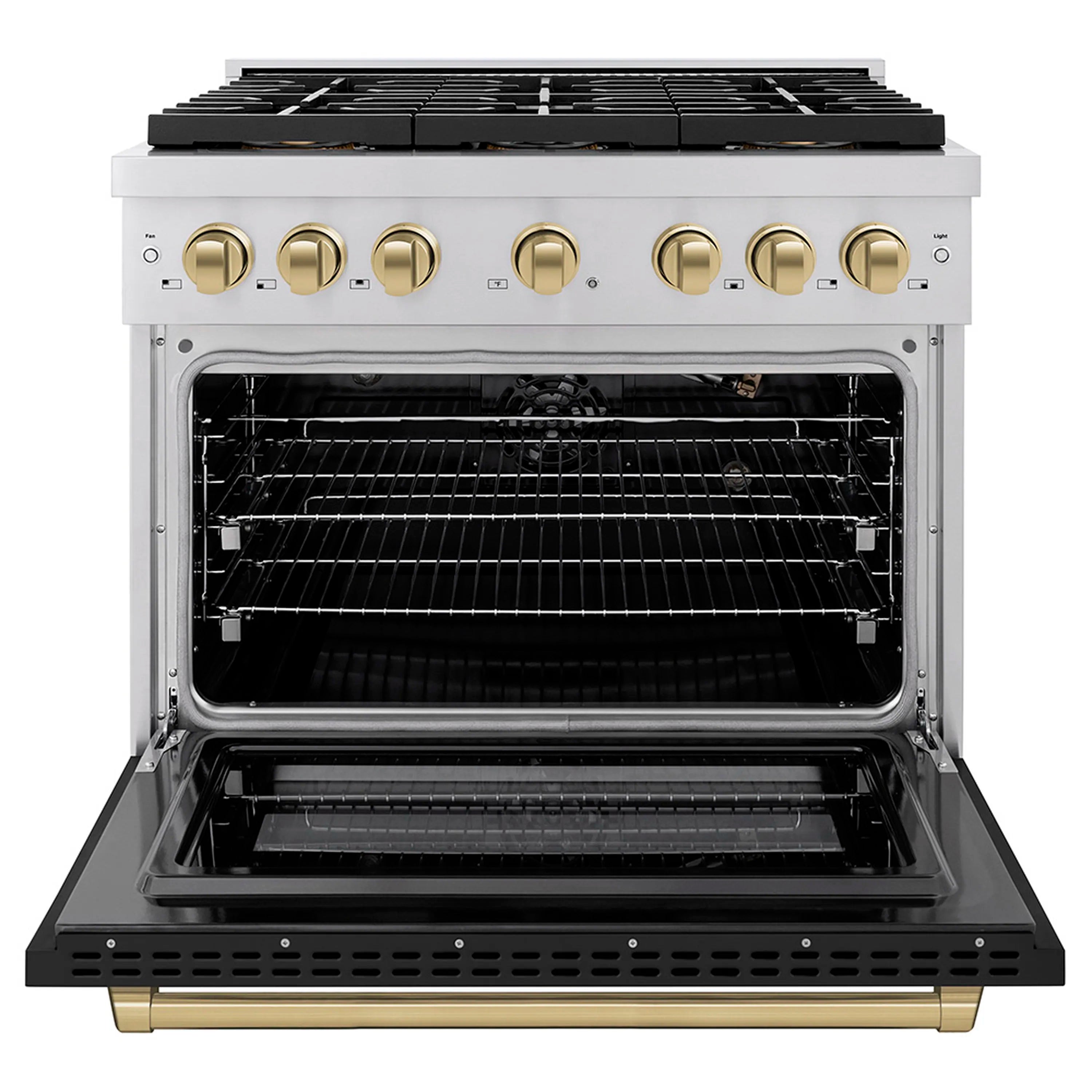 Open electric convection oven with interior racks and black door opening frame