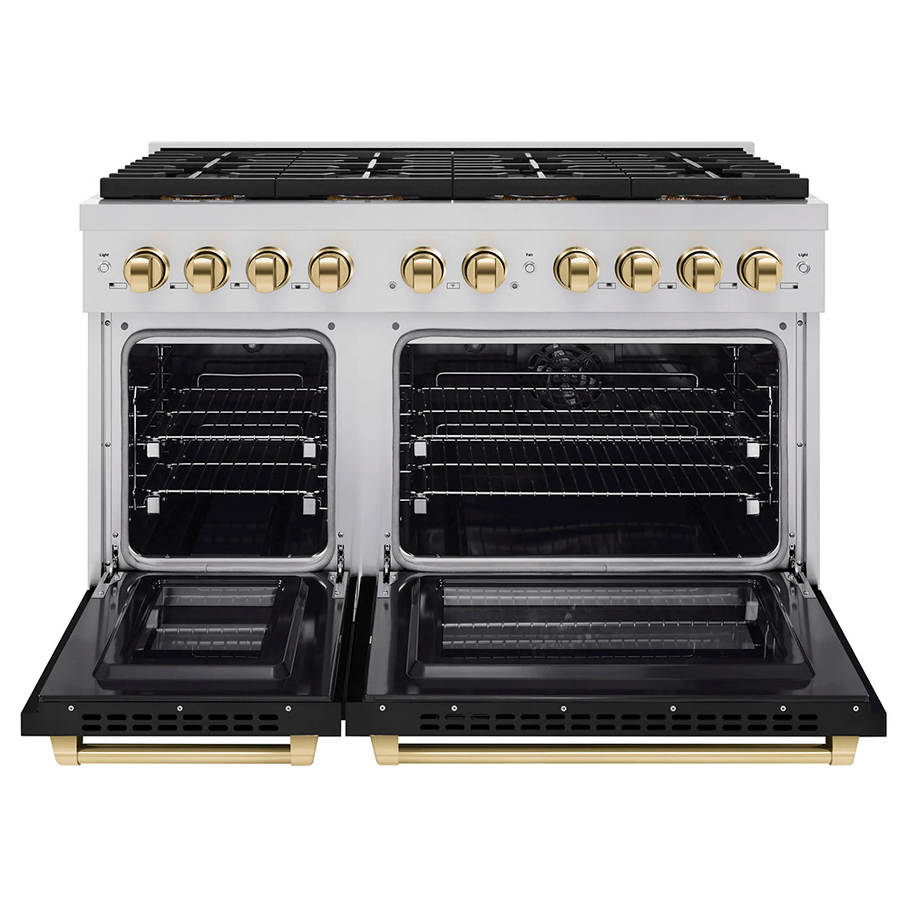 Dual ovens open, showing two racks and black interior liners with gold trim panels