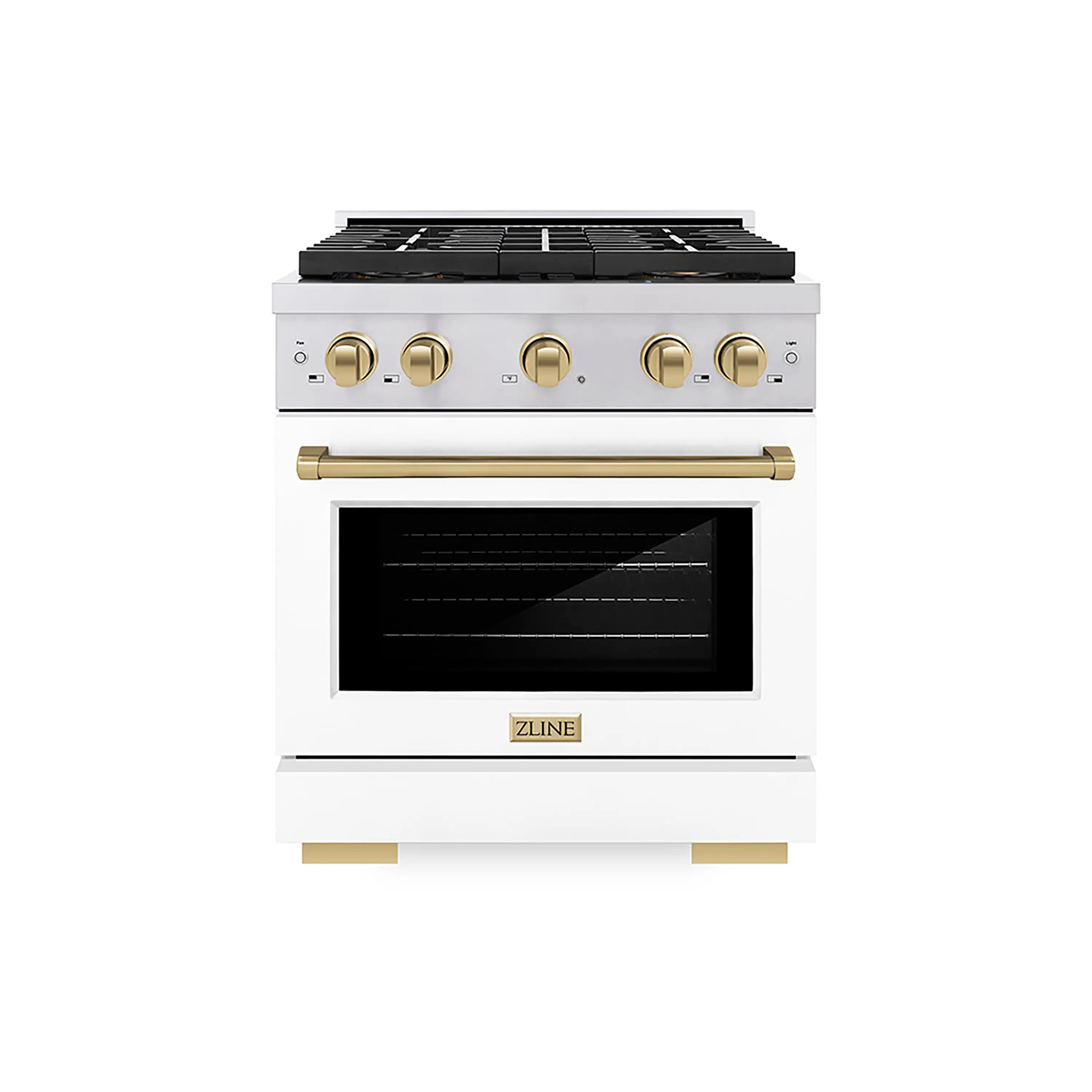 Stainless dual fuel range with black cooktop, brass control knobs, and windowed oven door