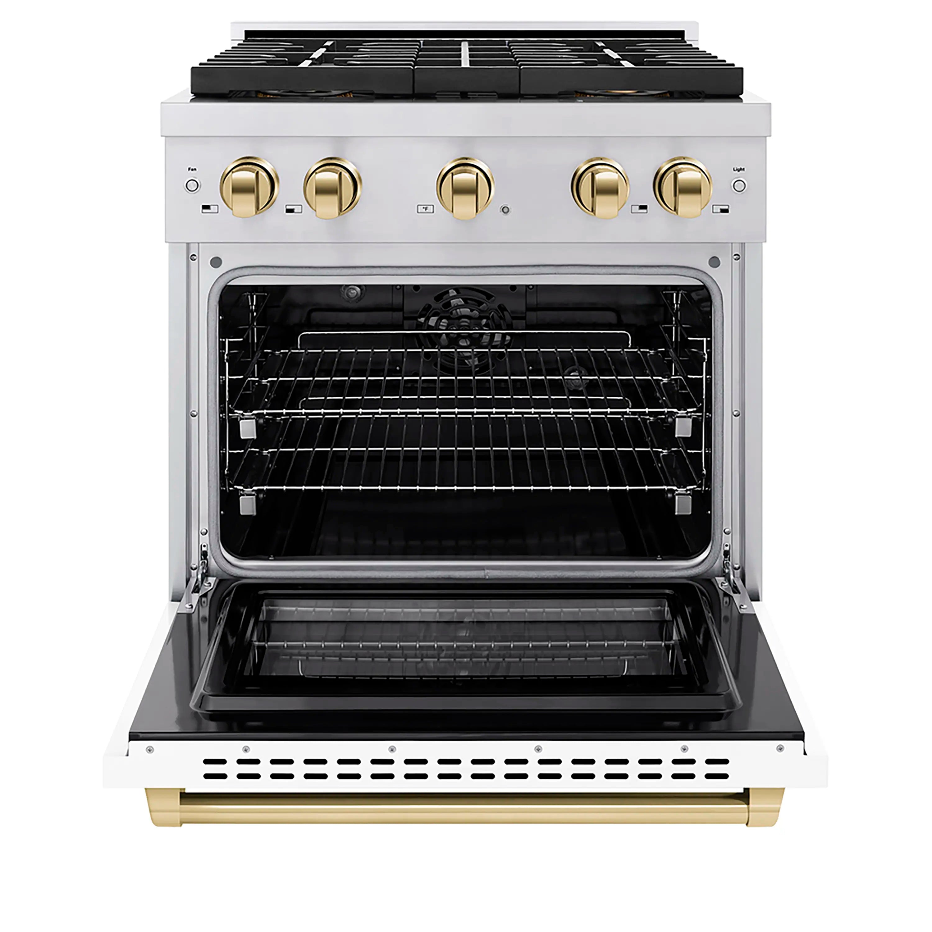 Open oven cavity with wire rack, stainless frame, and black interior