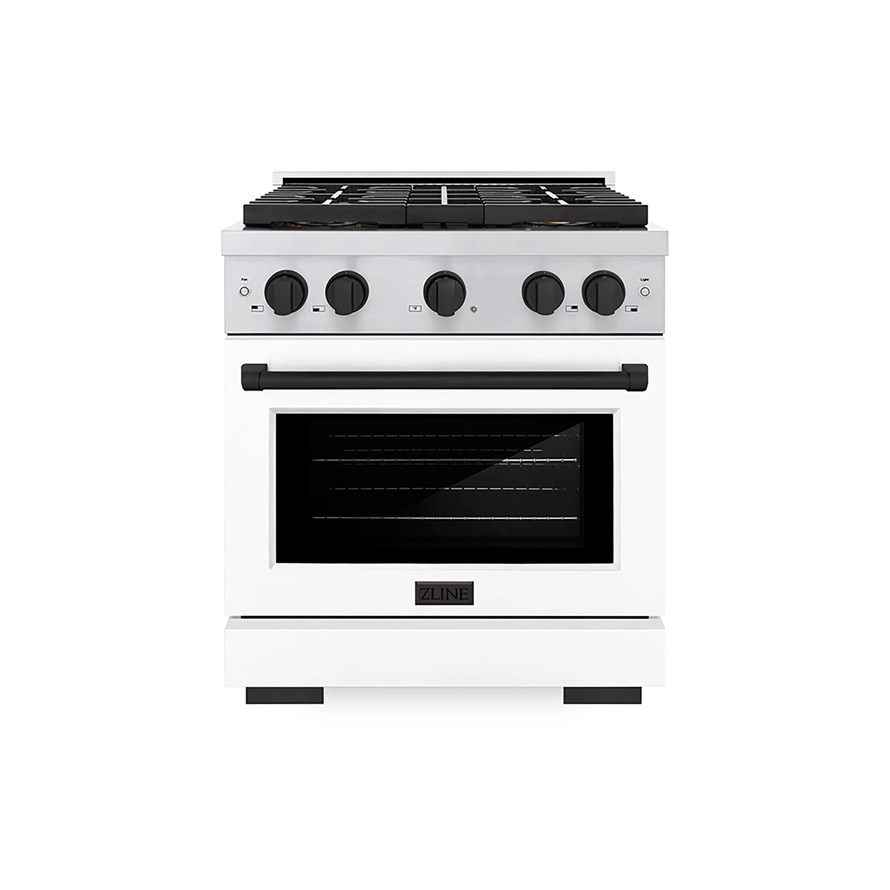 Stainless steel range with black cooktop grates and front oven door