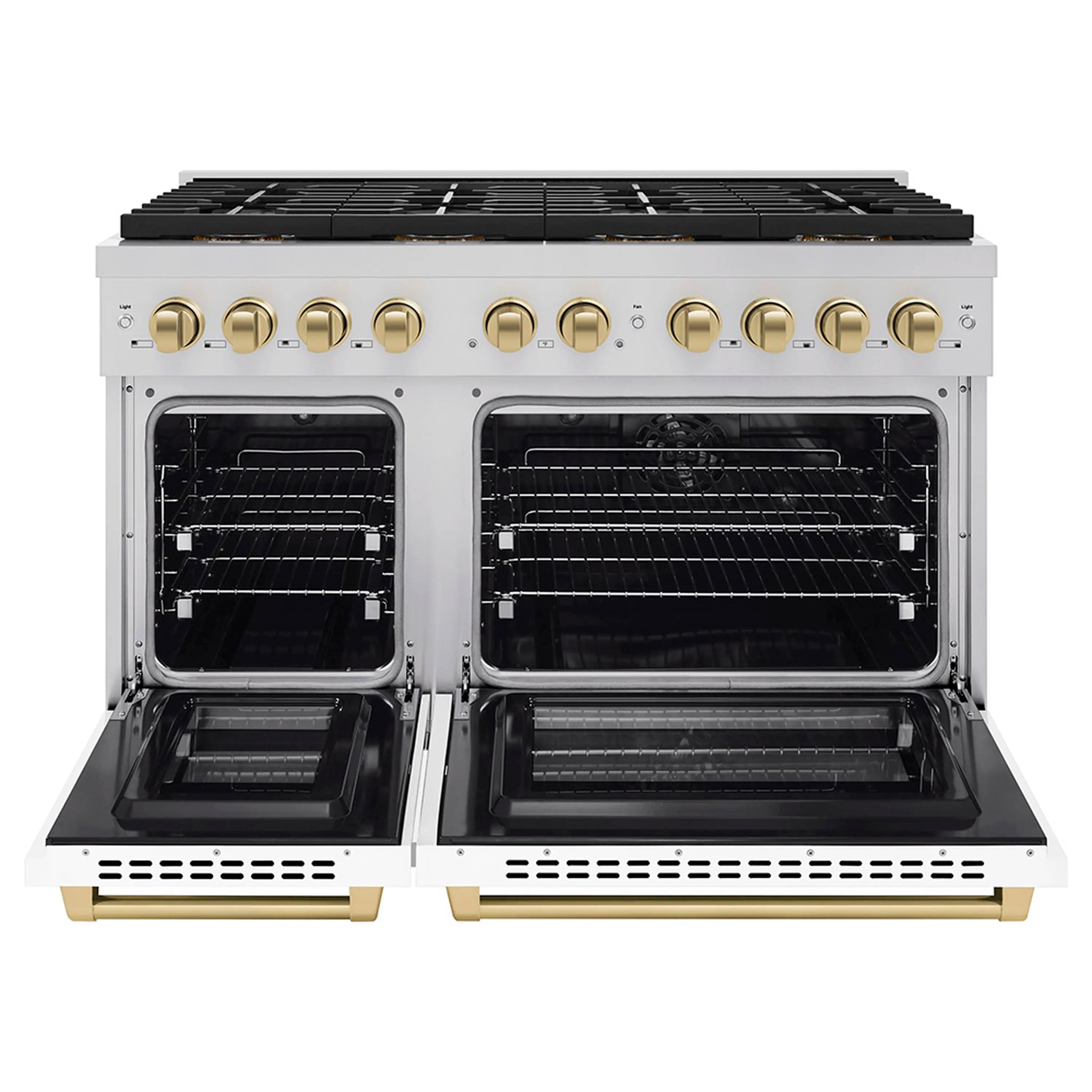 Dual ovens open, showing interior racks and black oven cavity