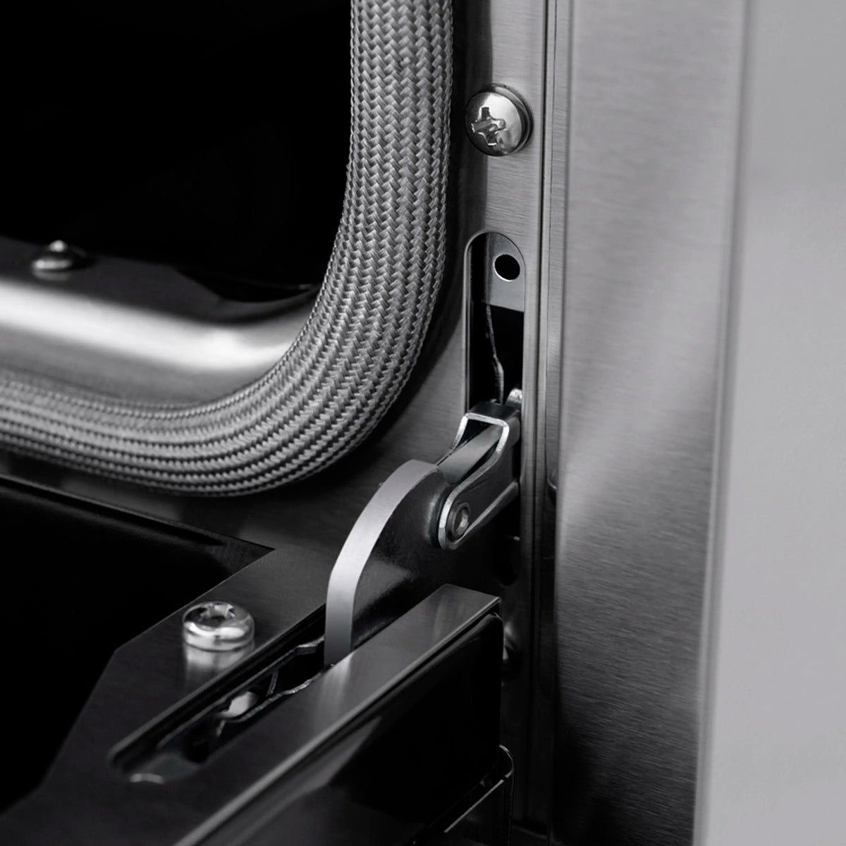 Stainless range side panel with braided connector and mounting hardware