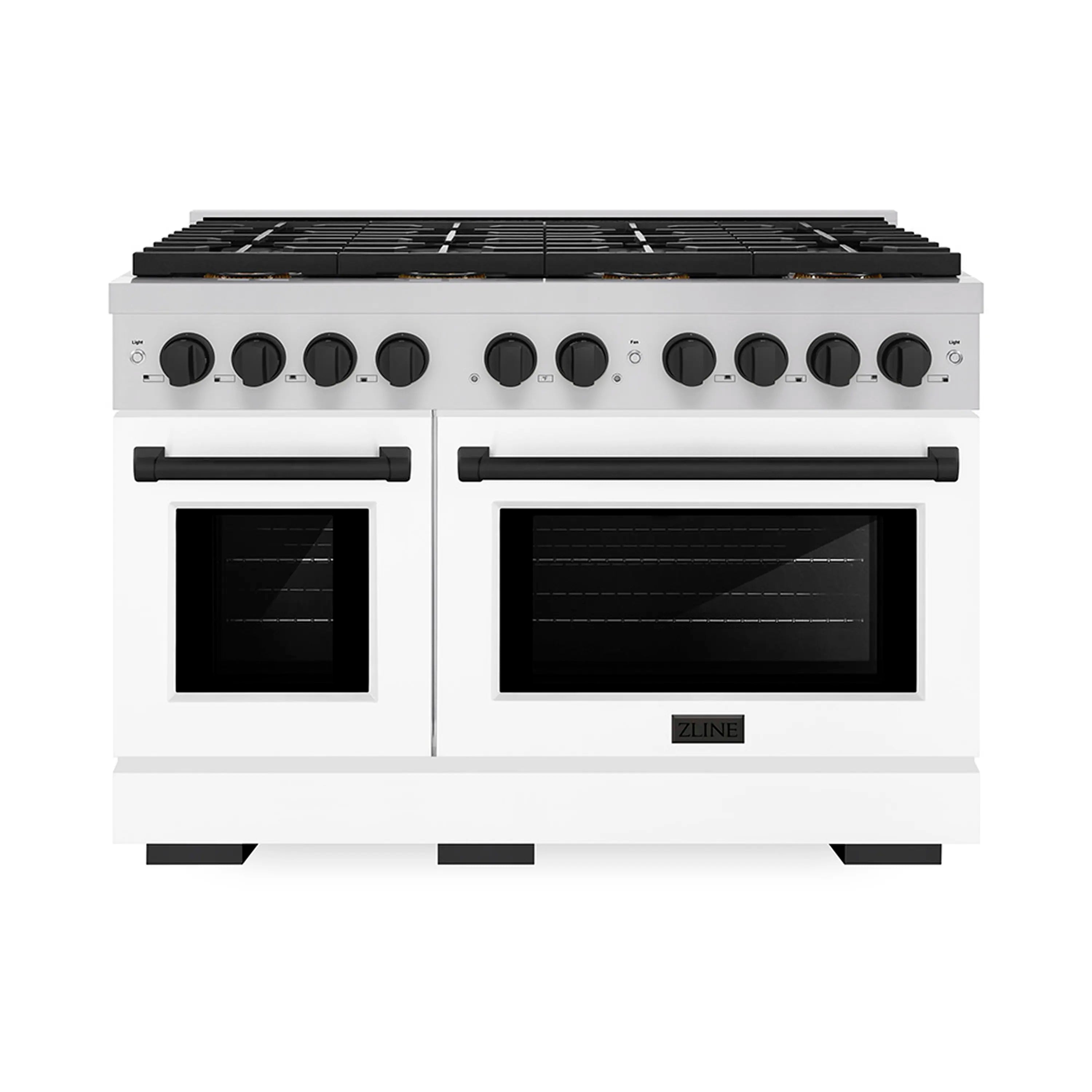 48-inch dual fuel range front view with black control knobs and white oven doors