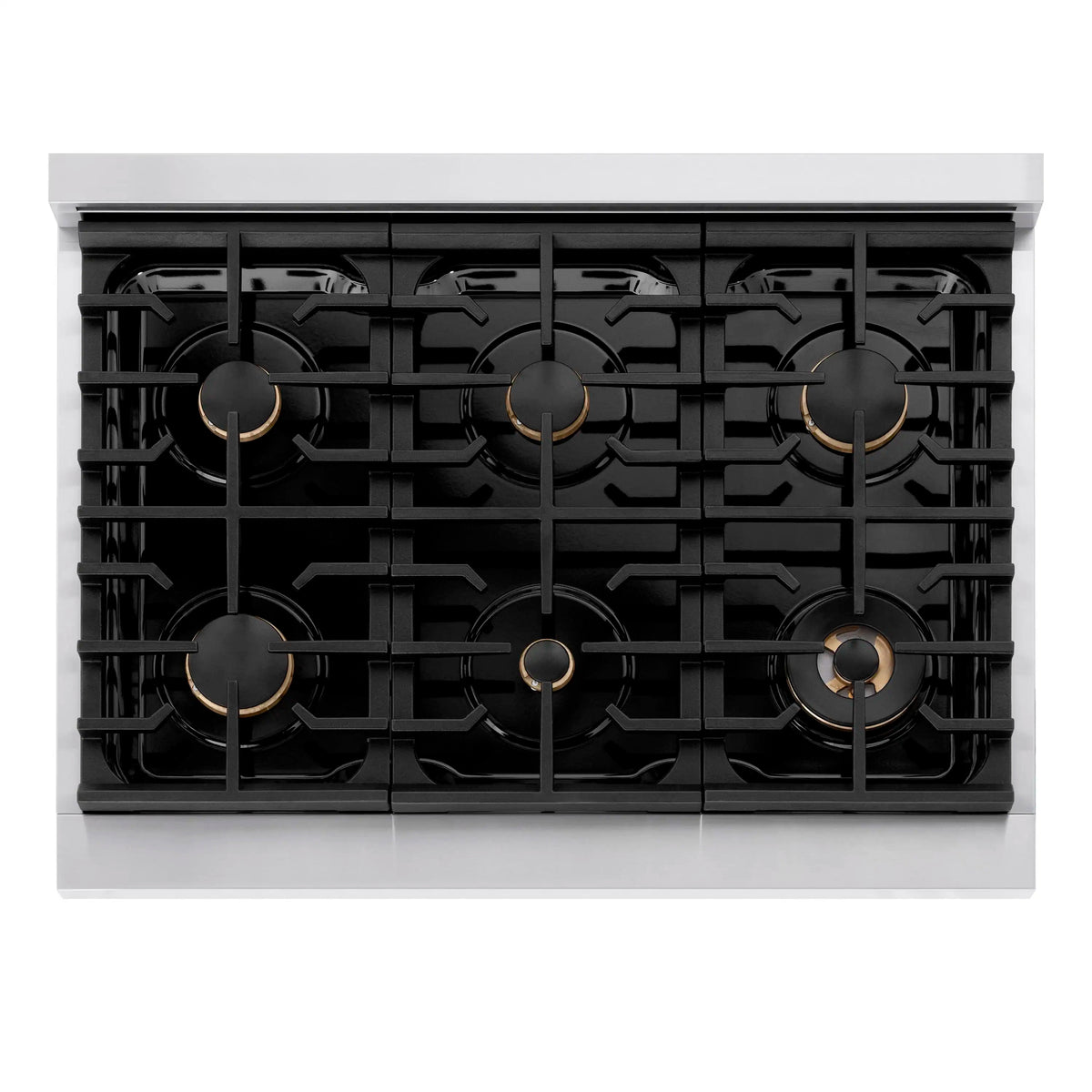 Black cast-iron cooktop grates with six burner positions on stainless range top