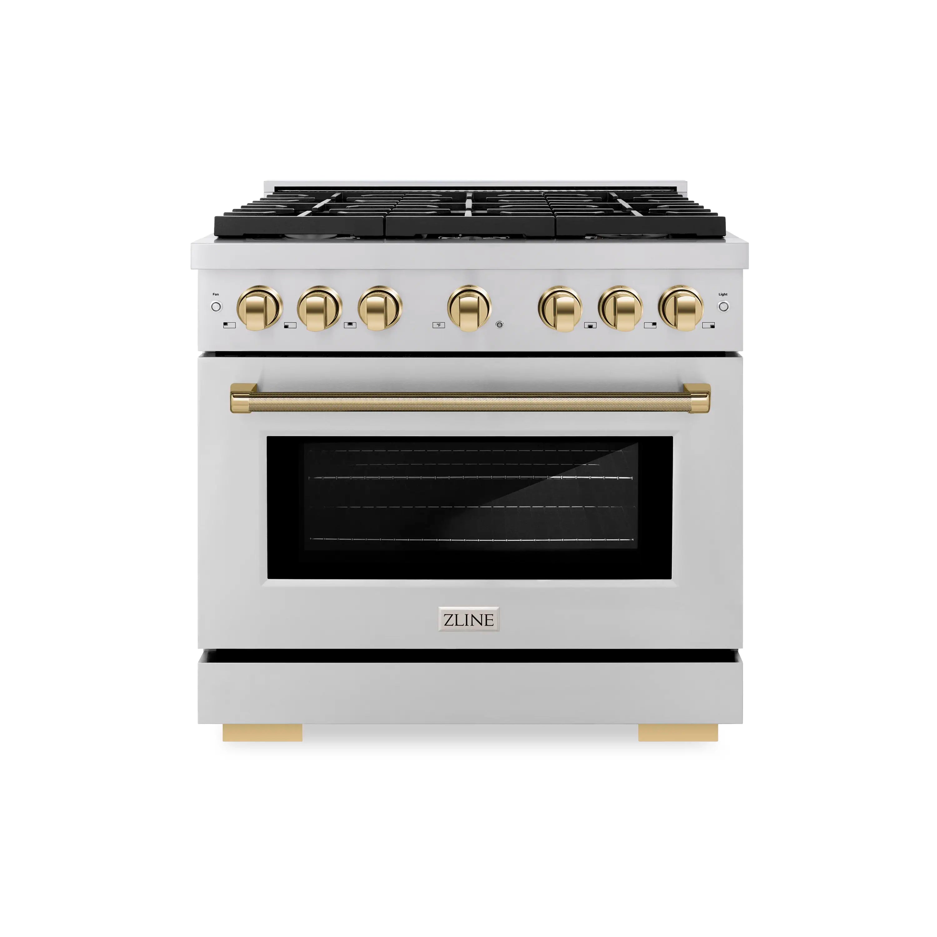 Black stainless dual fuel range with gold handle and oven door window