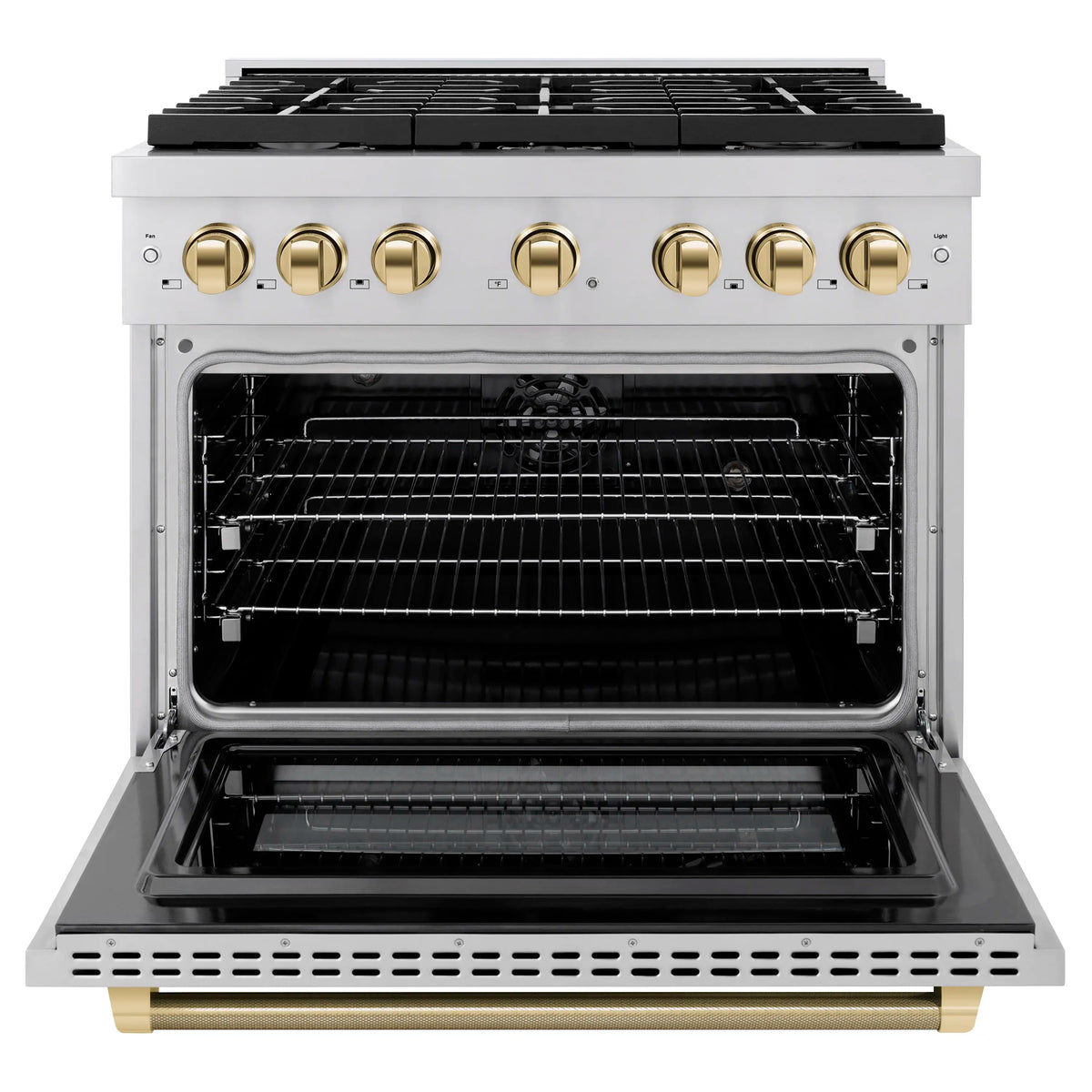 Open oven door on black stainless dual fuel range with gold control knobs