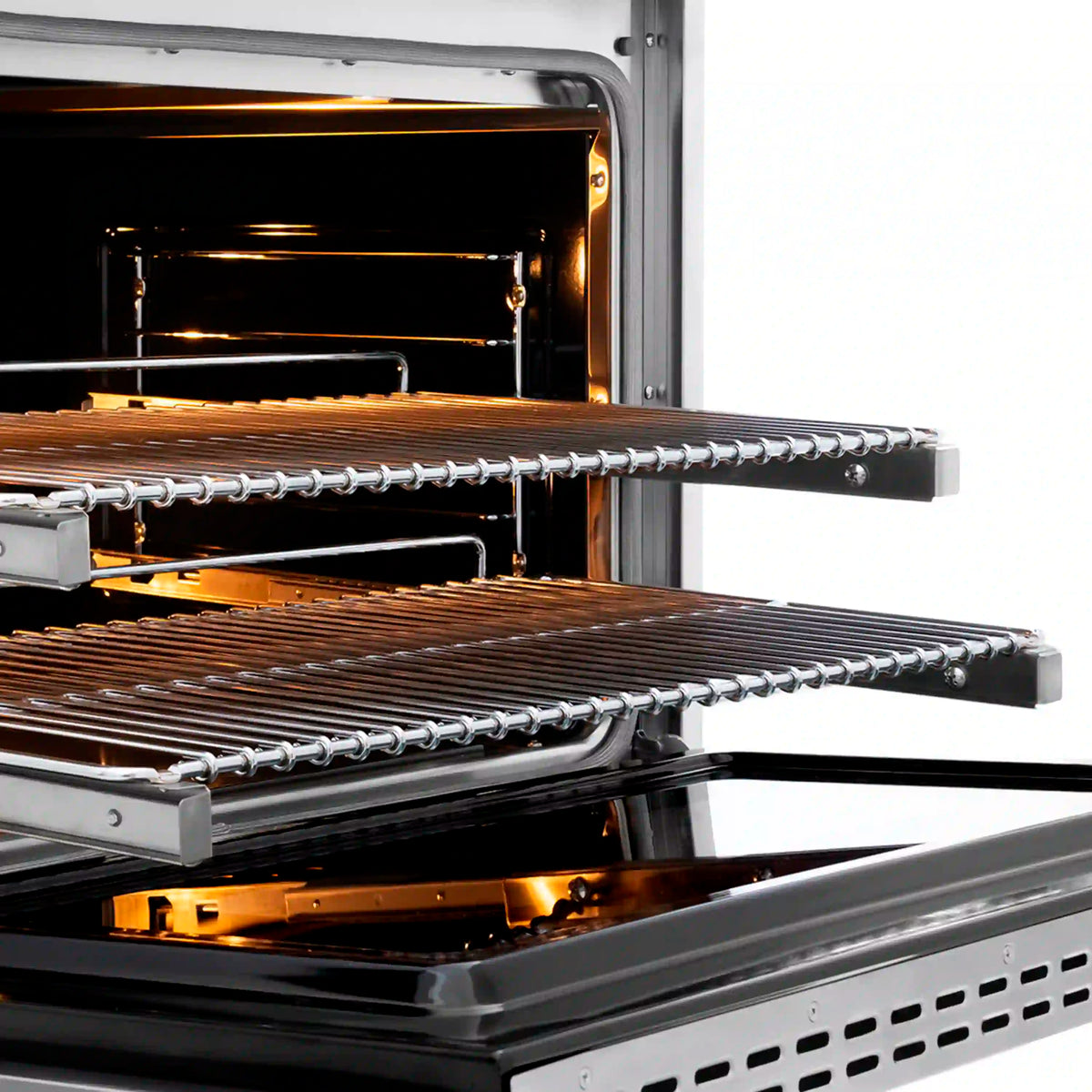 Dual fuel range oven with two chrome racks open inside the stainless cavity