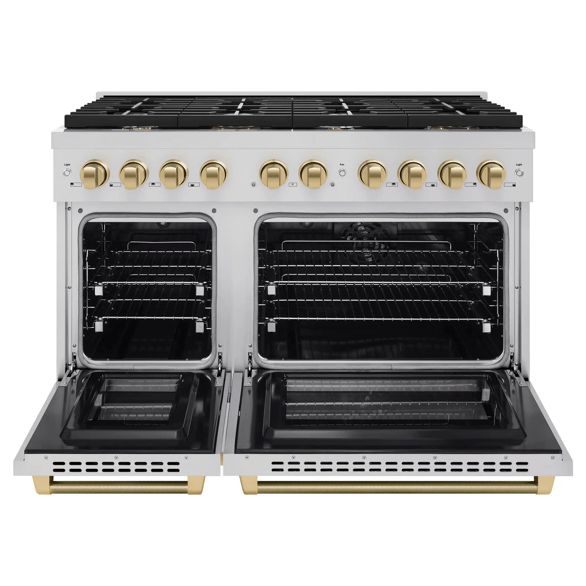 Stainless steel dual fuel range with bronze helix handles and two oven doors