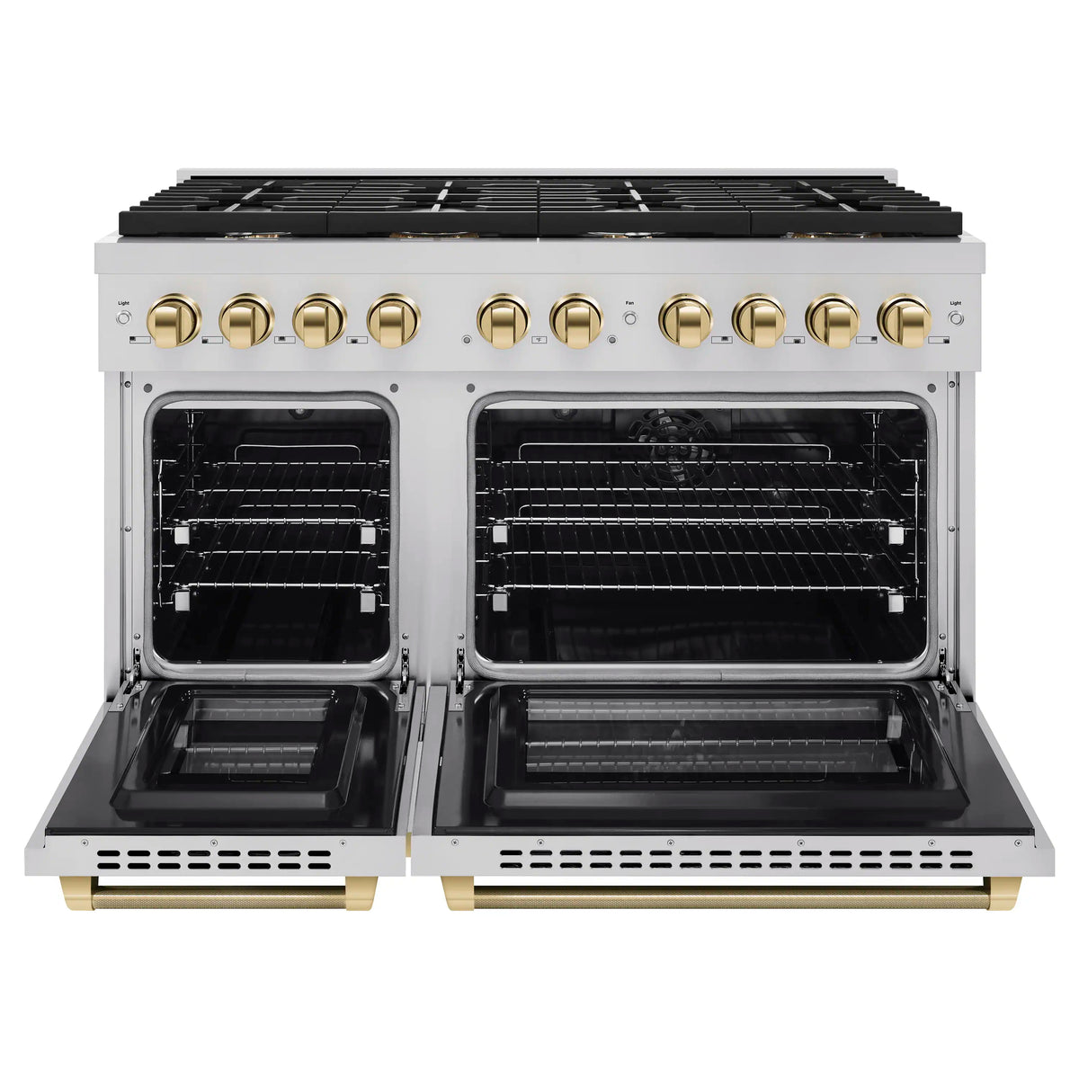 Dual fuel gas range with two open oven doors and interior racks