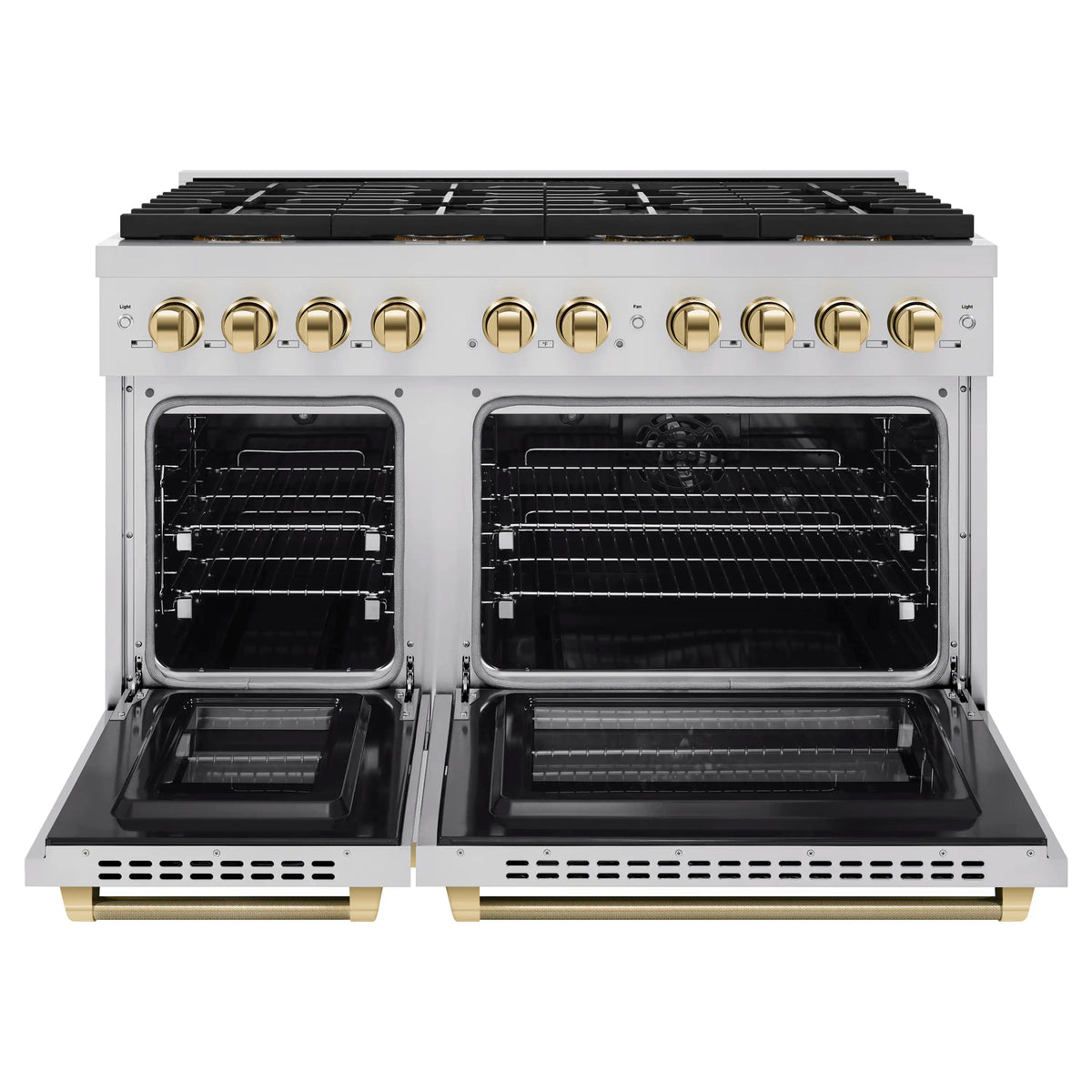 Stainless dual fuel range with both oven doors open and interior racks