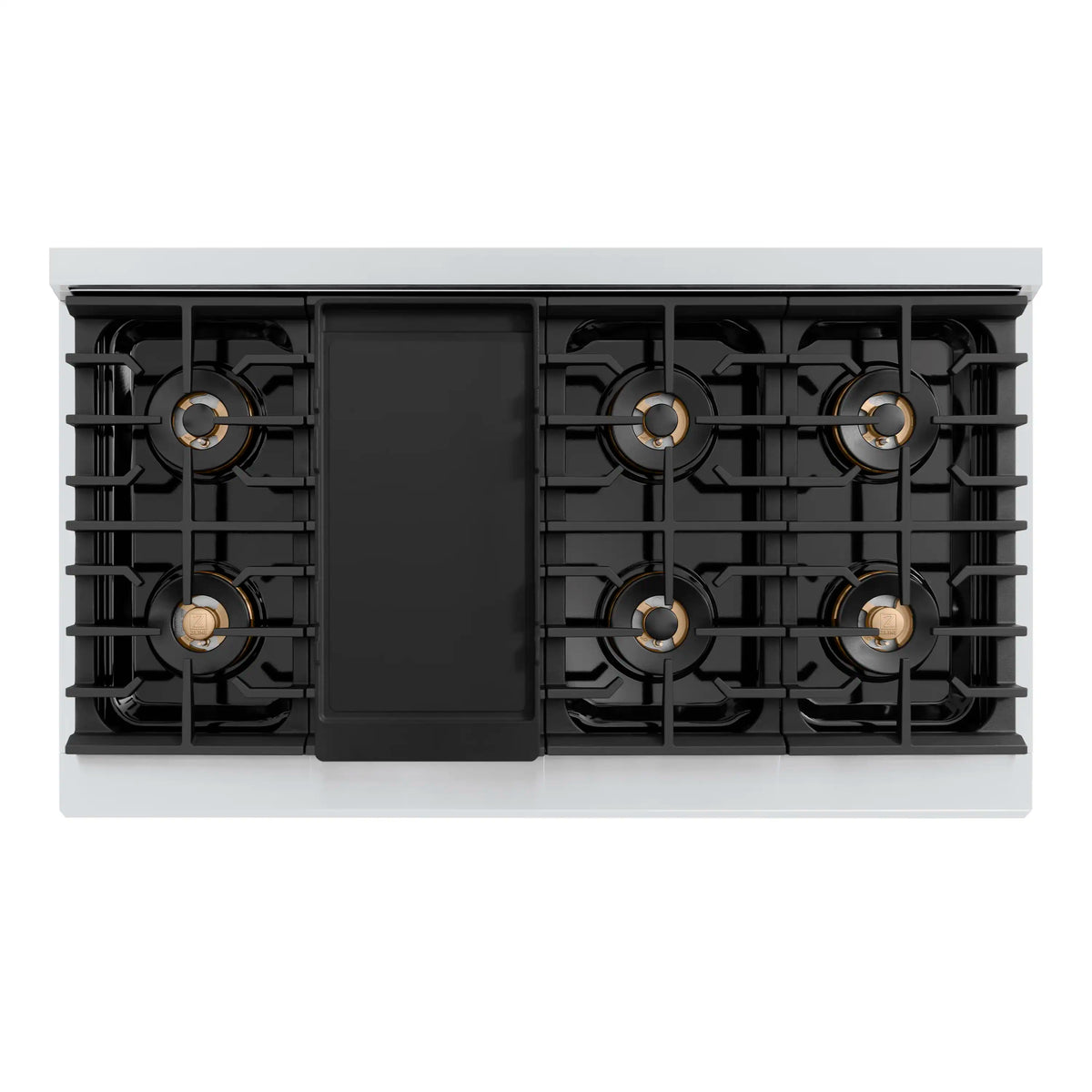 Stainless steel dual fuel range cooktop with four black burners and gold brass caps