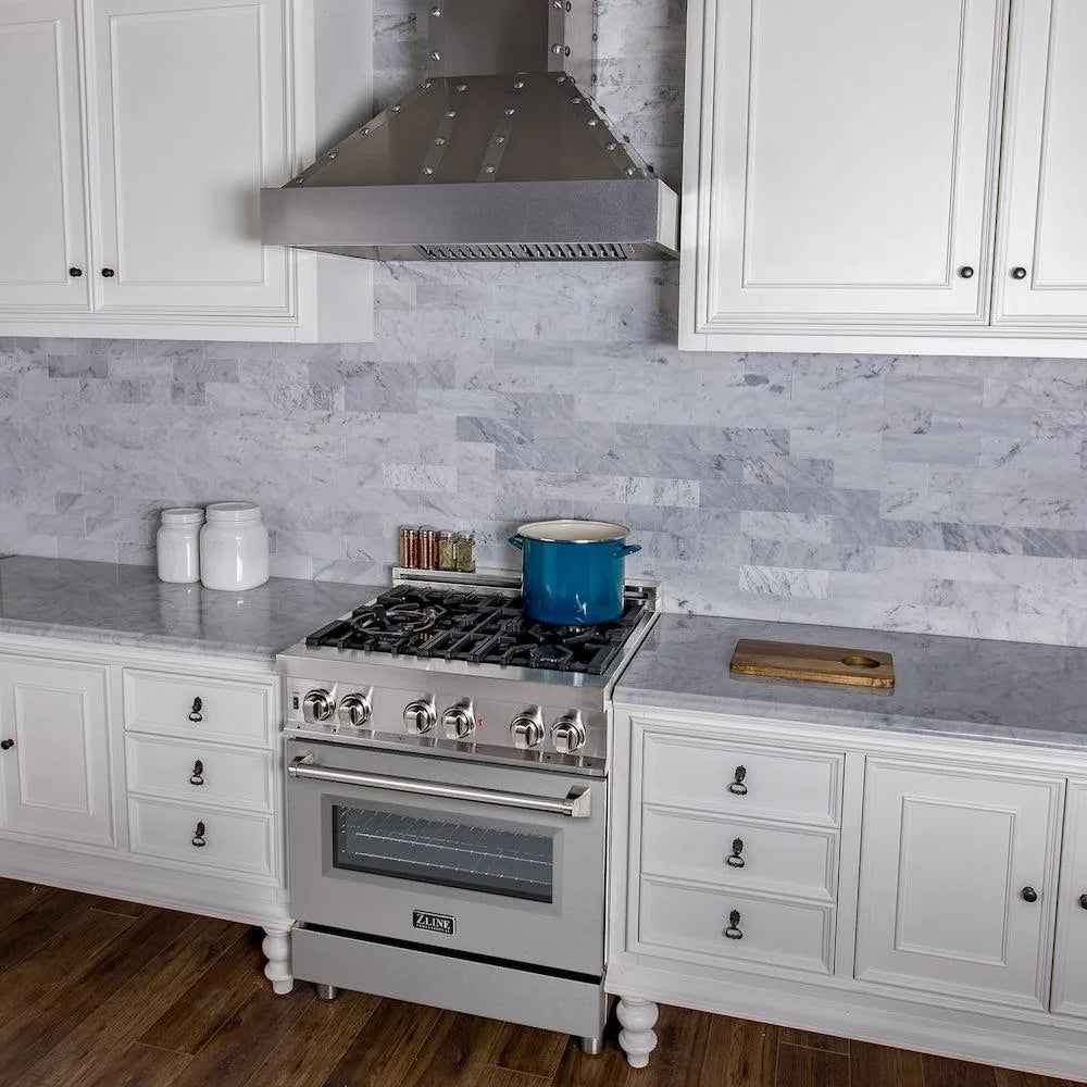 ZLINE 30-Inch Professional Gas on Gas Range in Stainless Steel with Satin Stainless Steel Door in a kitchen