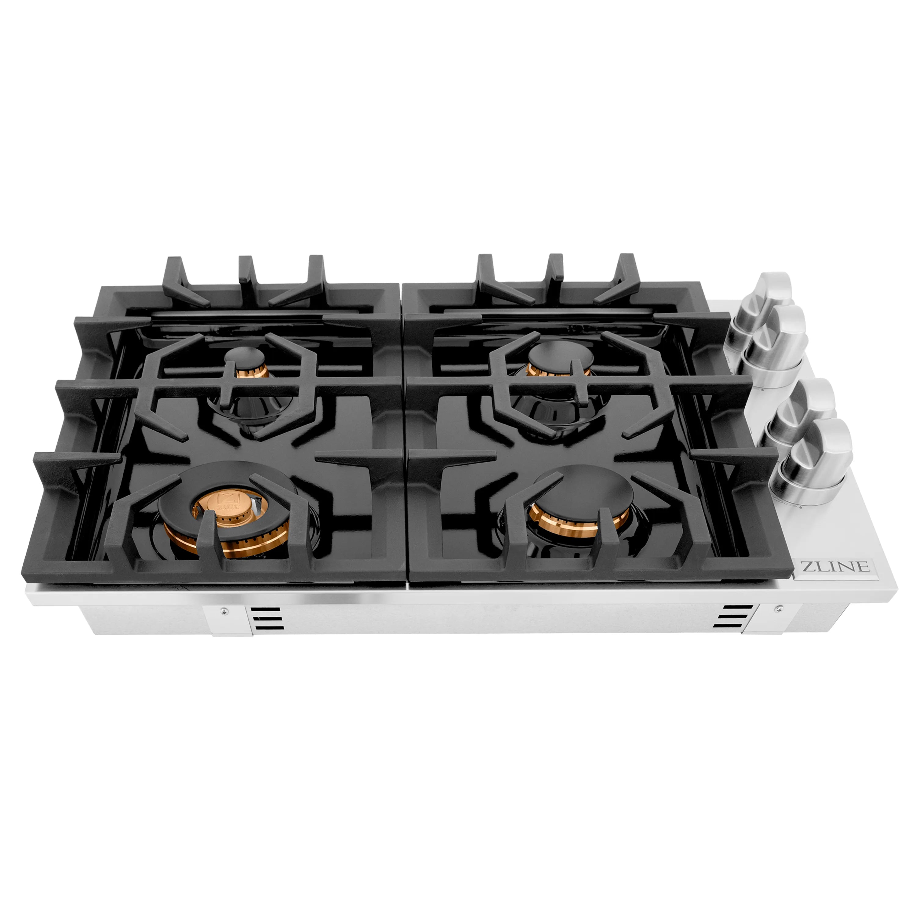 Black porcelain gas cooktop with four brass flame burners and cast-iron grates