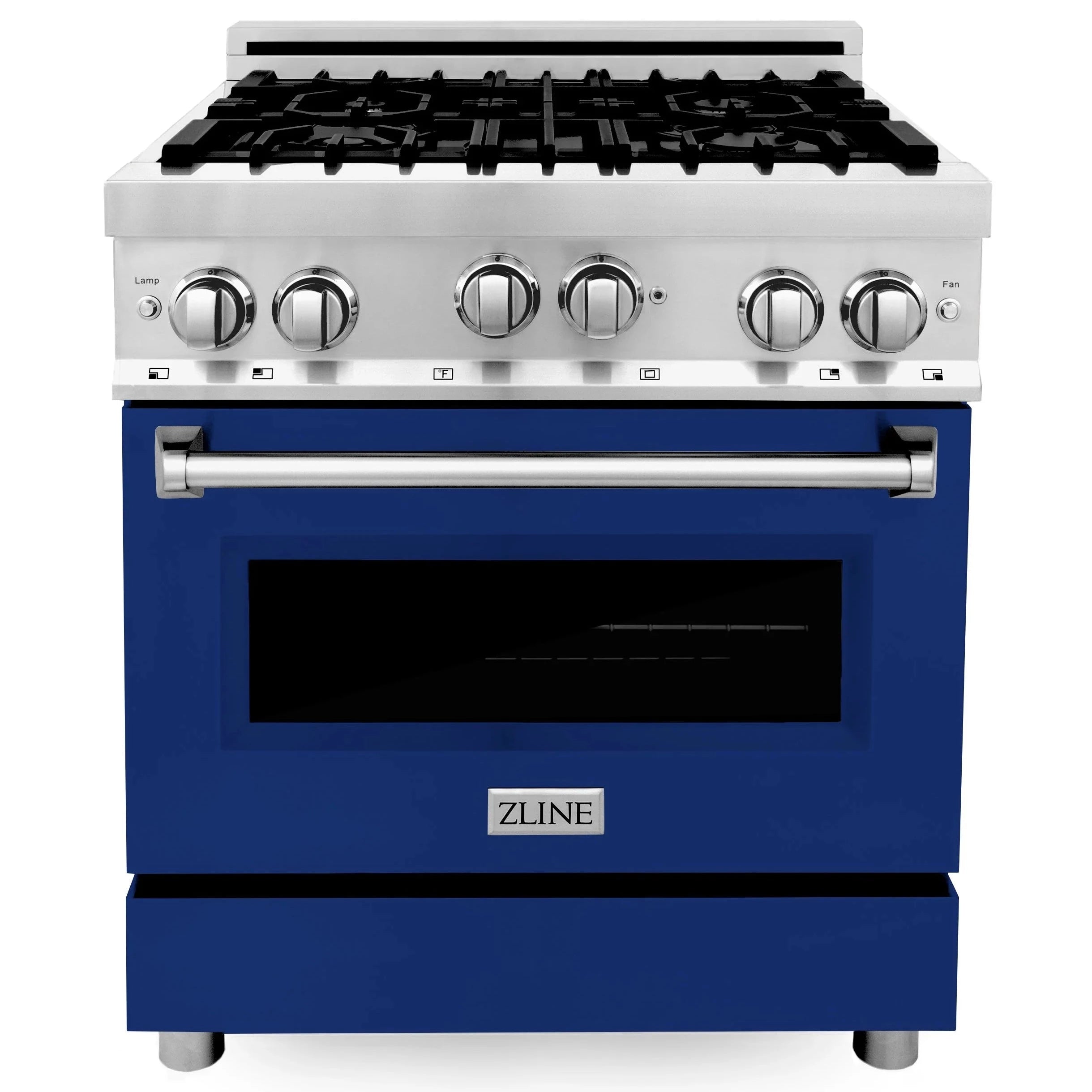Stainless gas range front with blue oven door, black cooktop grates, and knob controls