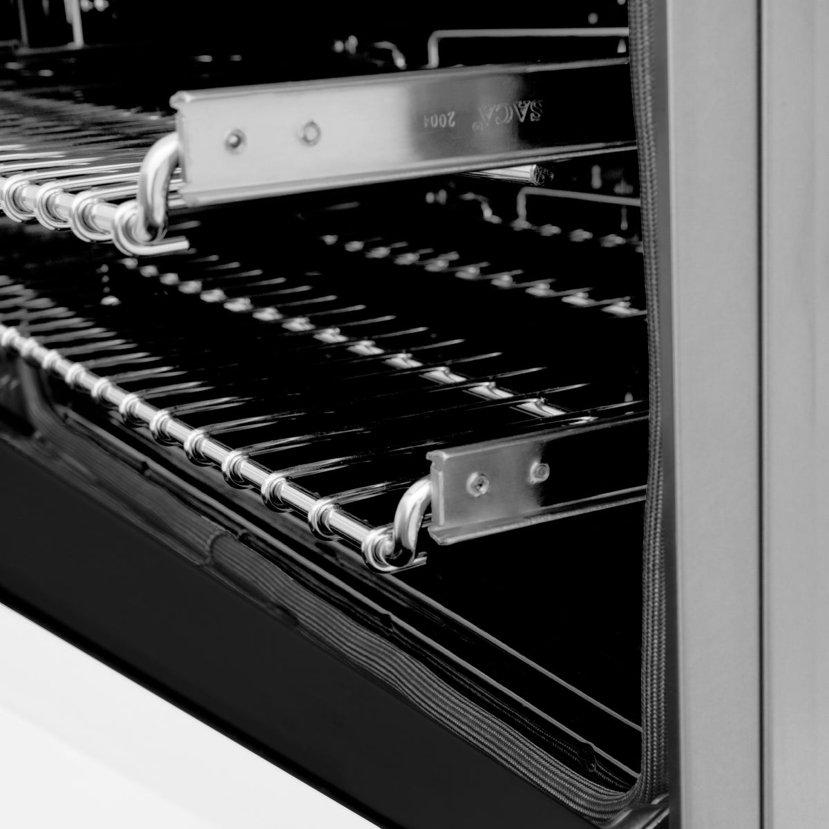 Dual fuel range oven with chrome racks and rail brackets inside