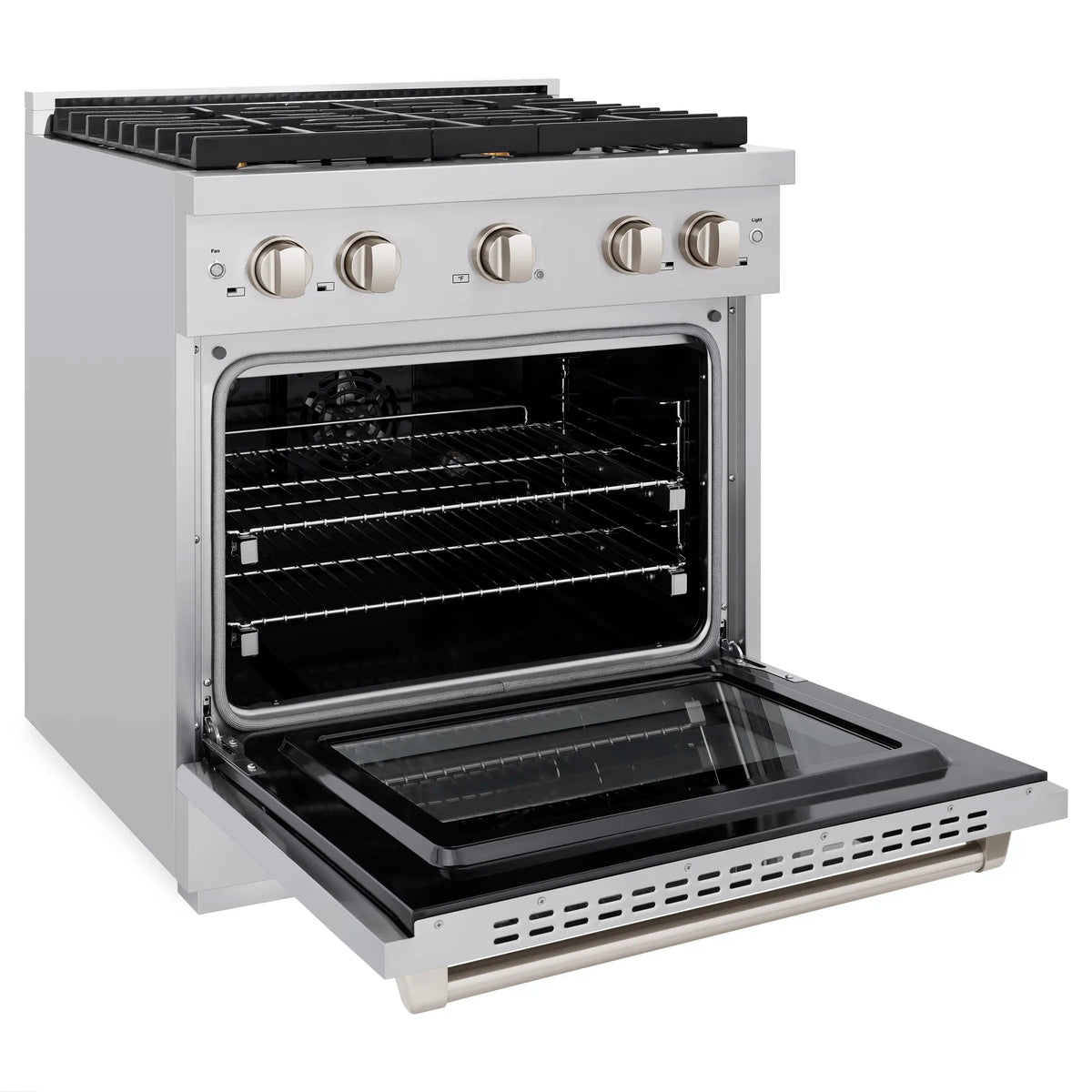 Stainless steel oven with racks, open door, and black broiler tray