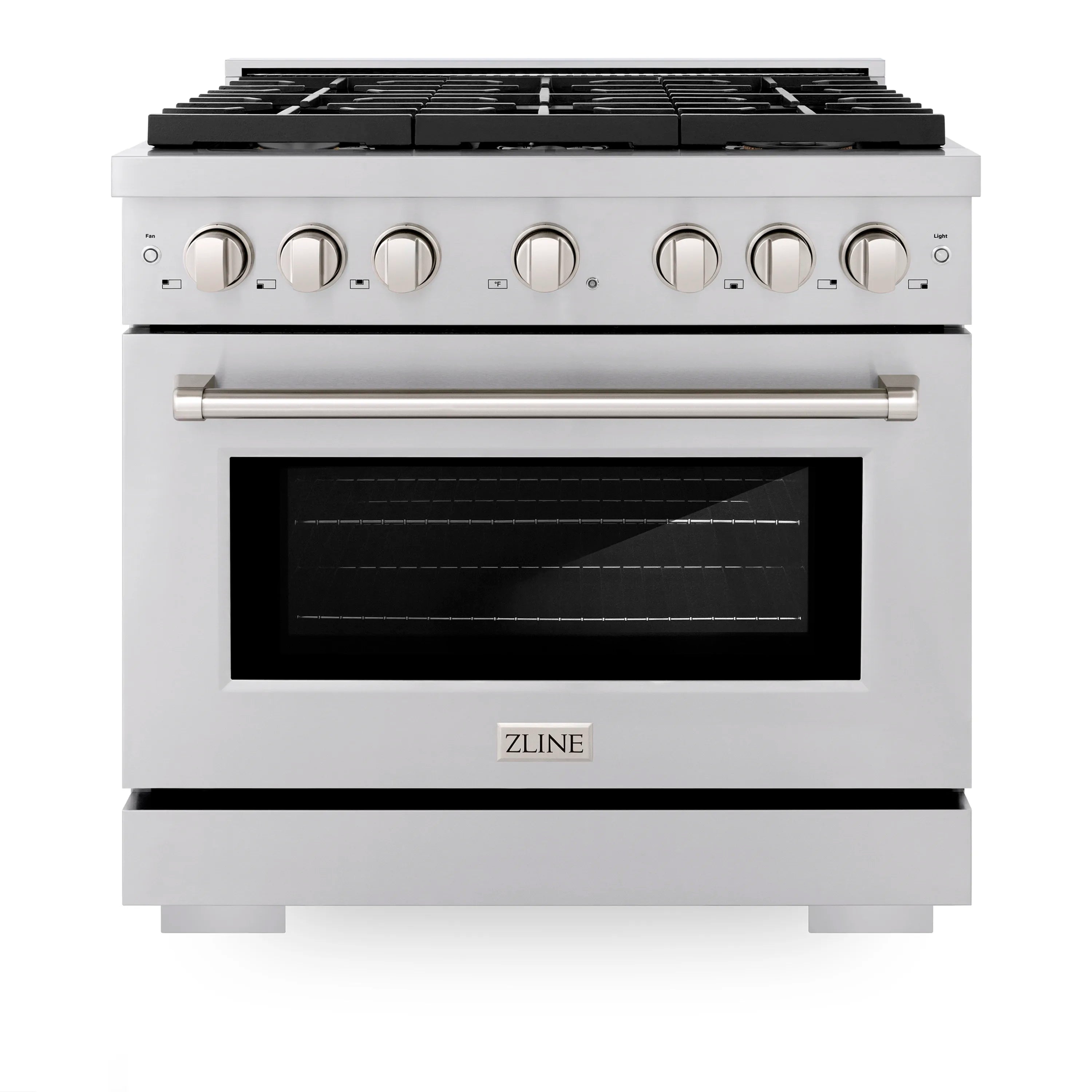 Stainless steel range with black glass oven door and front control knobs