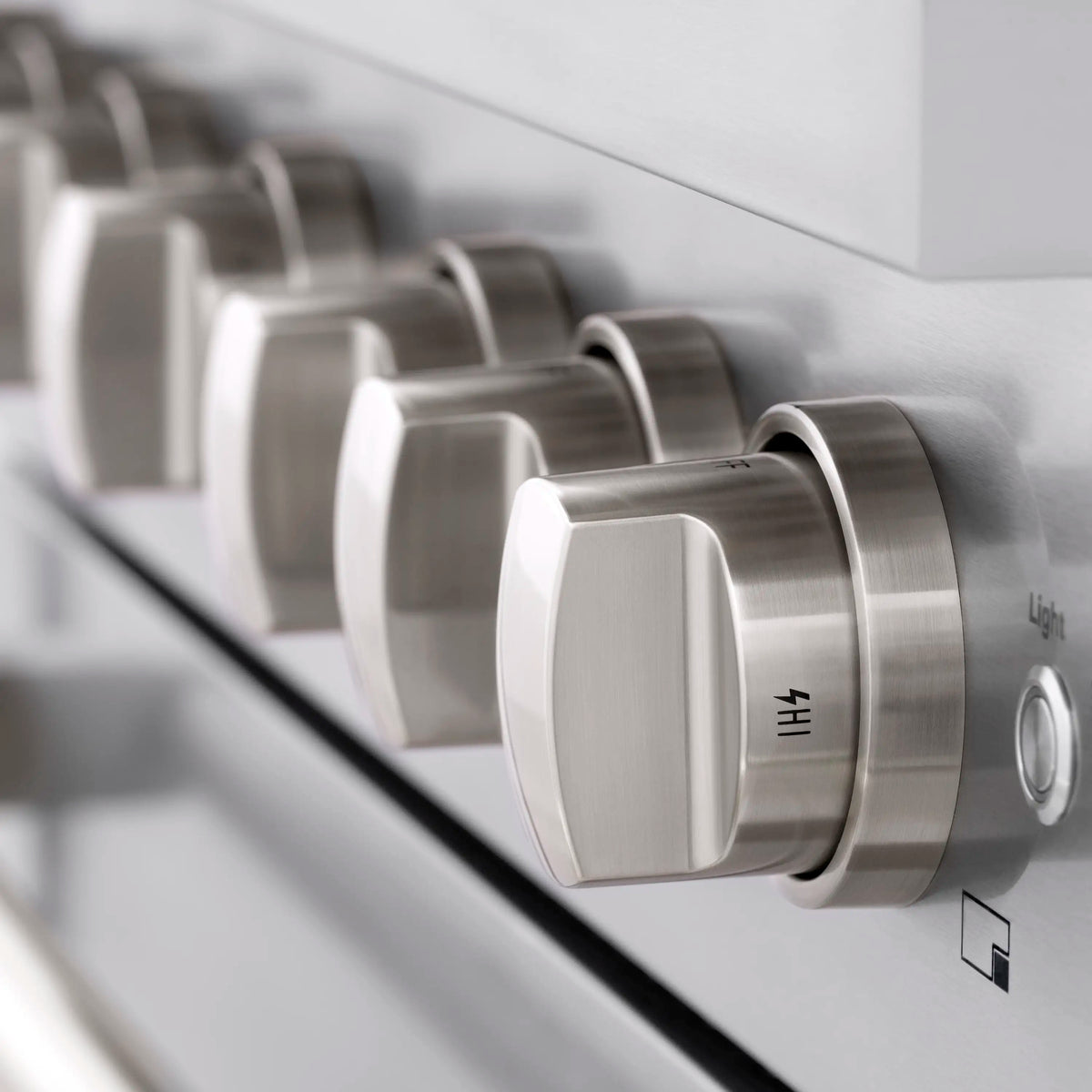 Stainless steel range front control knob with black indicator marking and pointer