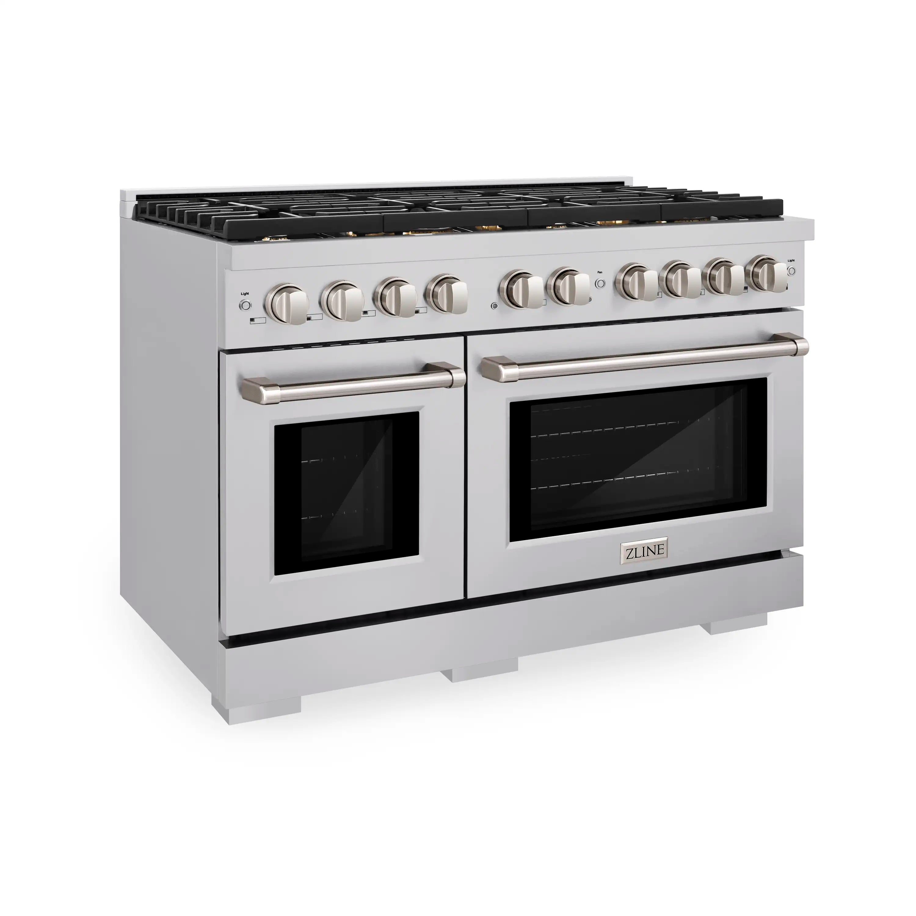 Stainless steel dual oven dual fuel range with front control knobs and two oven doors.
