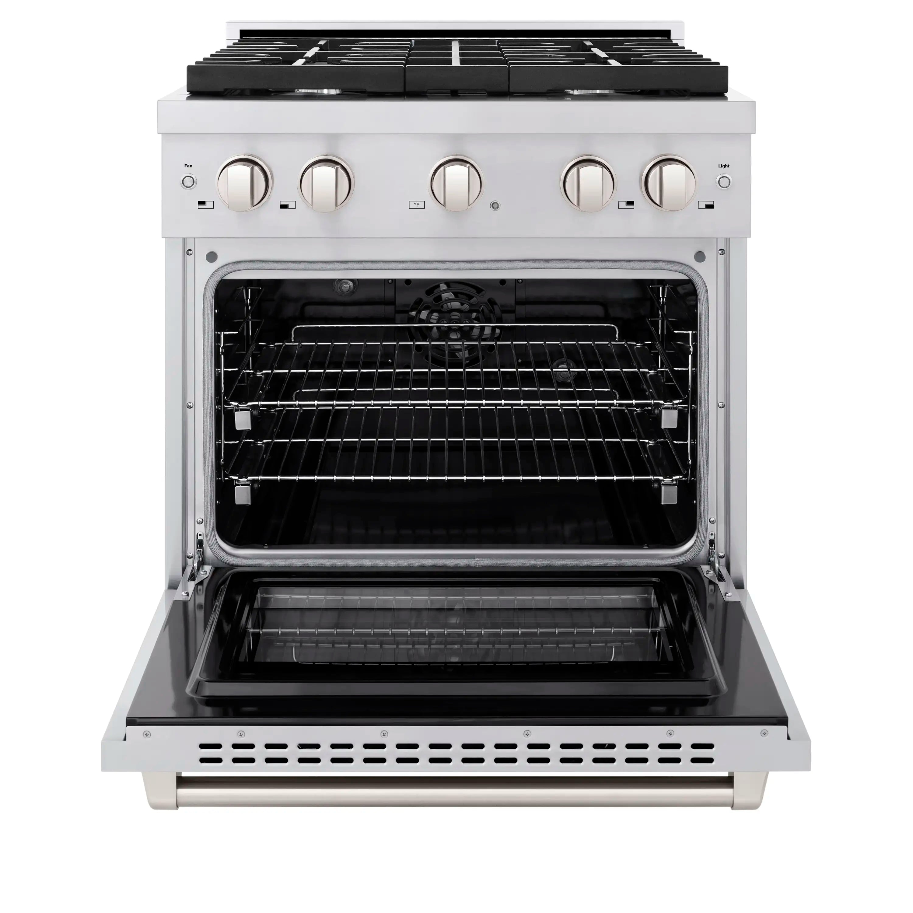 Stainless steel dual fuel range with oven door open showing racks and bake chamber
