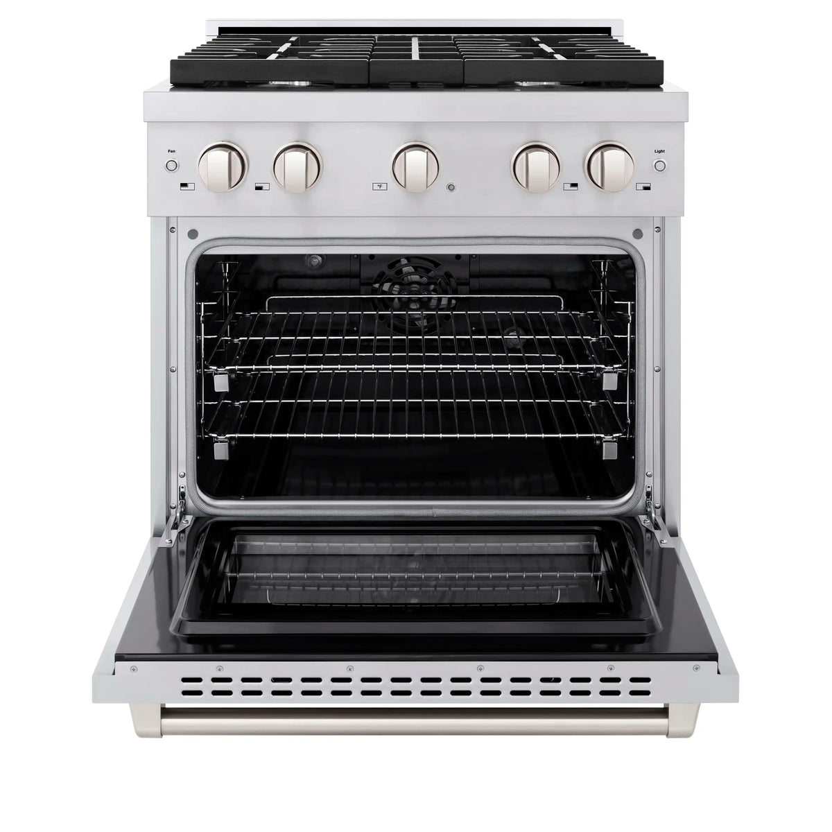 Stainless dual-fuel range with open oven door showing baking cavity and racks