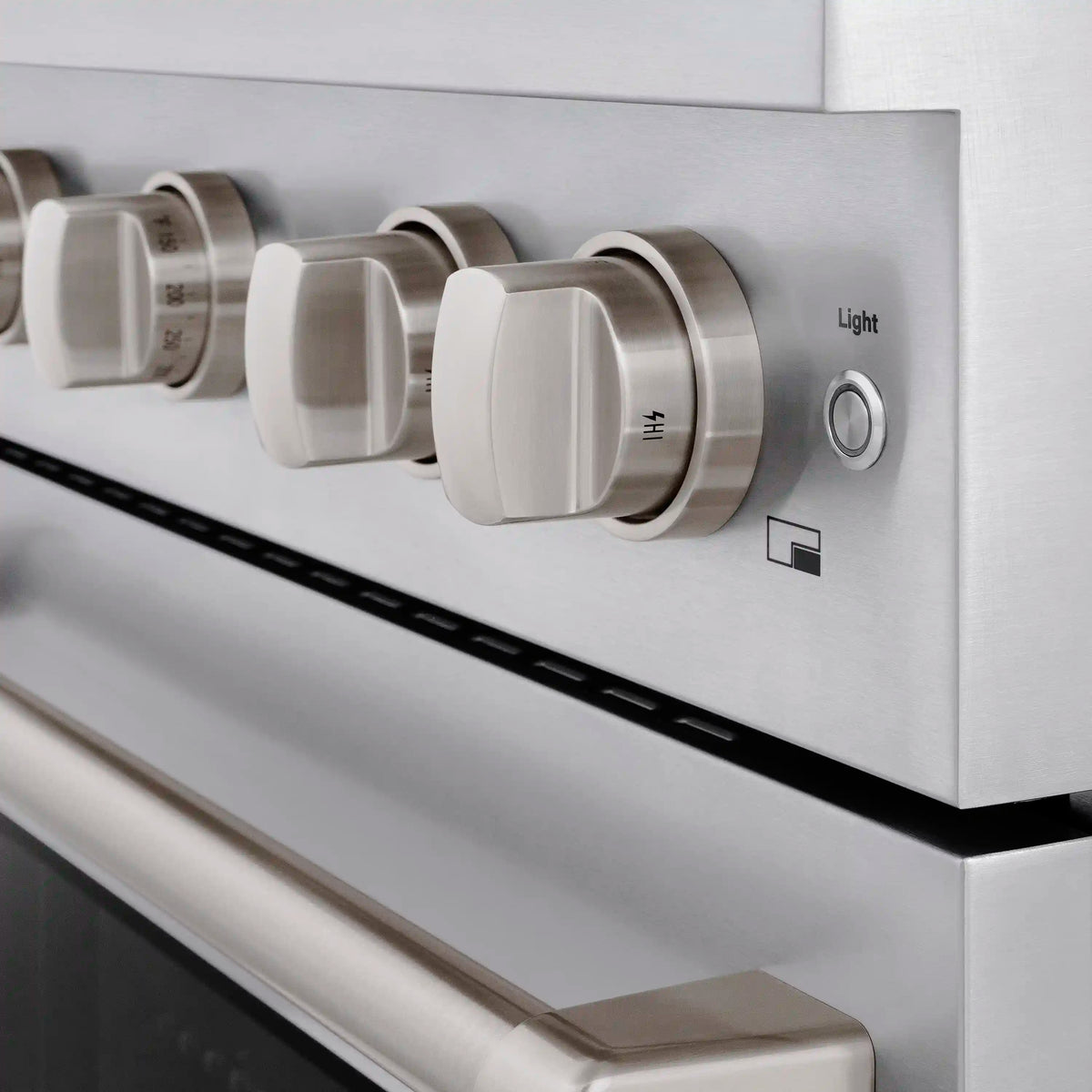 Stainless dual-fuel range control panel with burner knobs and oven light control