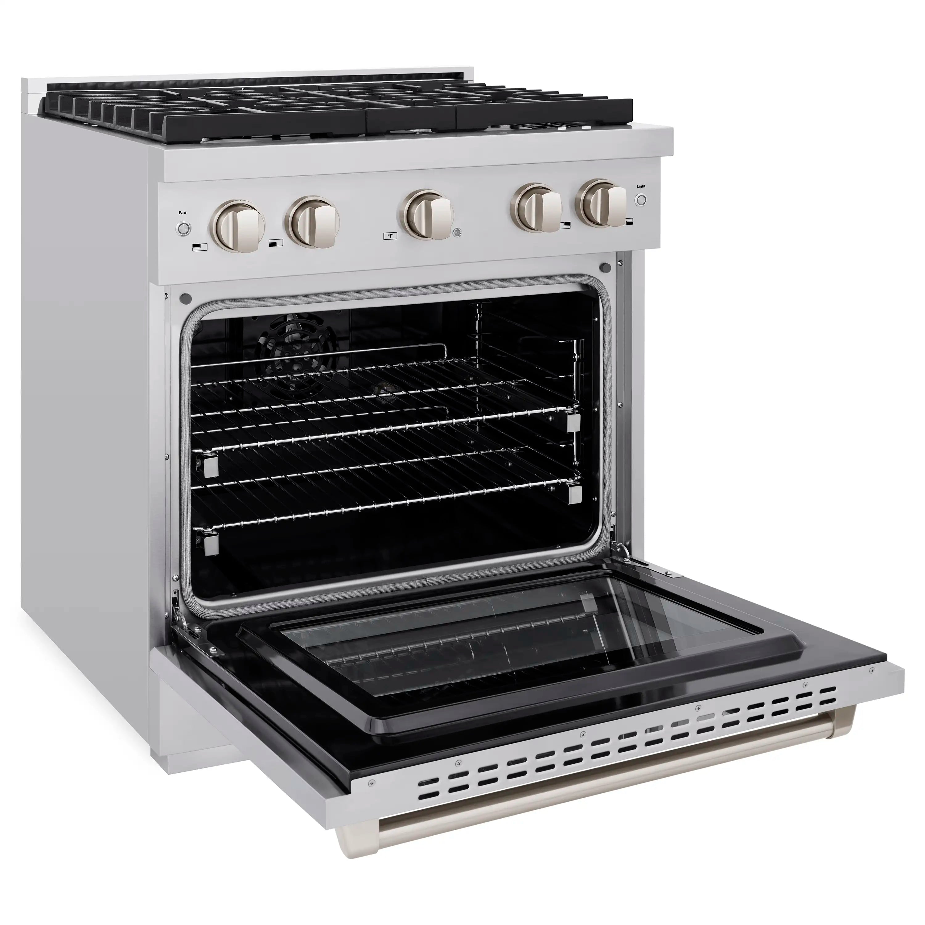 Dual fuel range with open oven door and broiler drawer panel