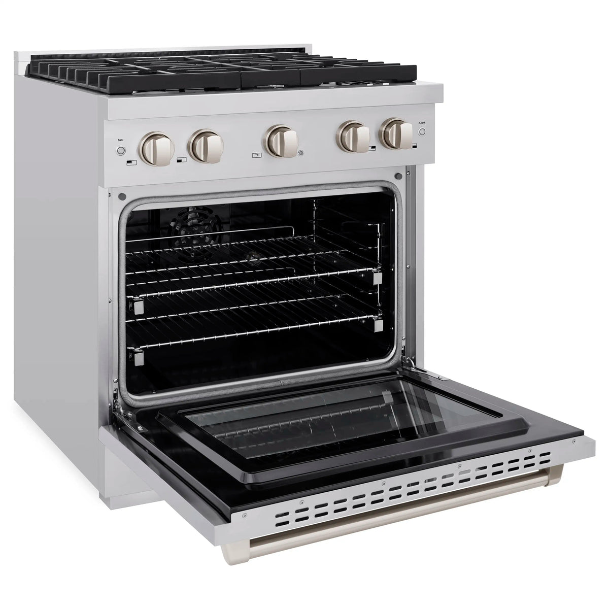 Stainless dual-fuel range with open oven door and wire oven racks