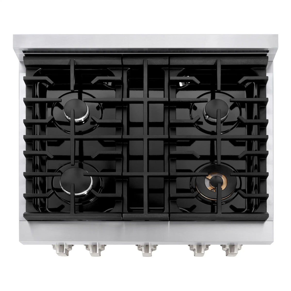 Stainless dual-fuel range cooktop with four black cast-iron burner grates