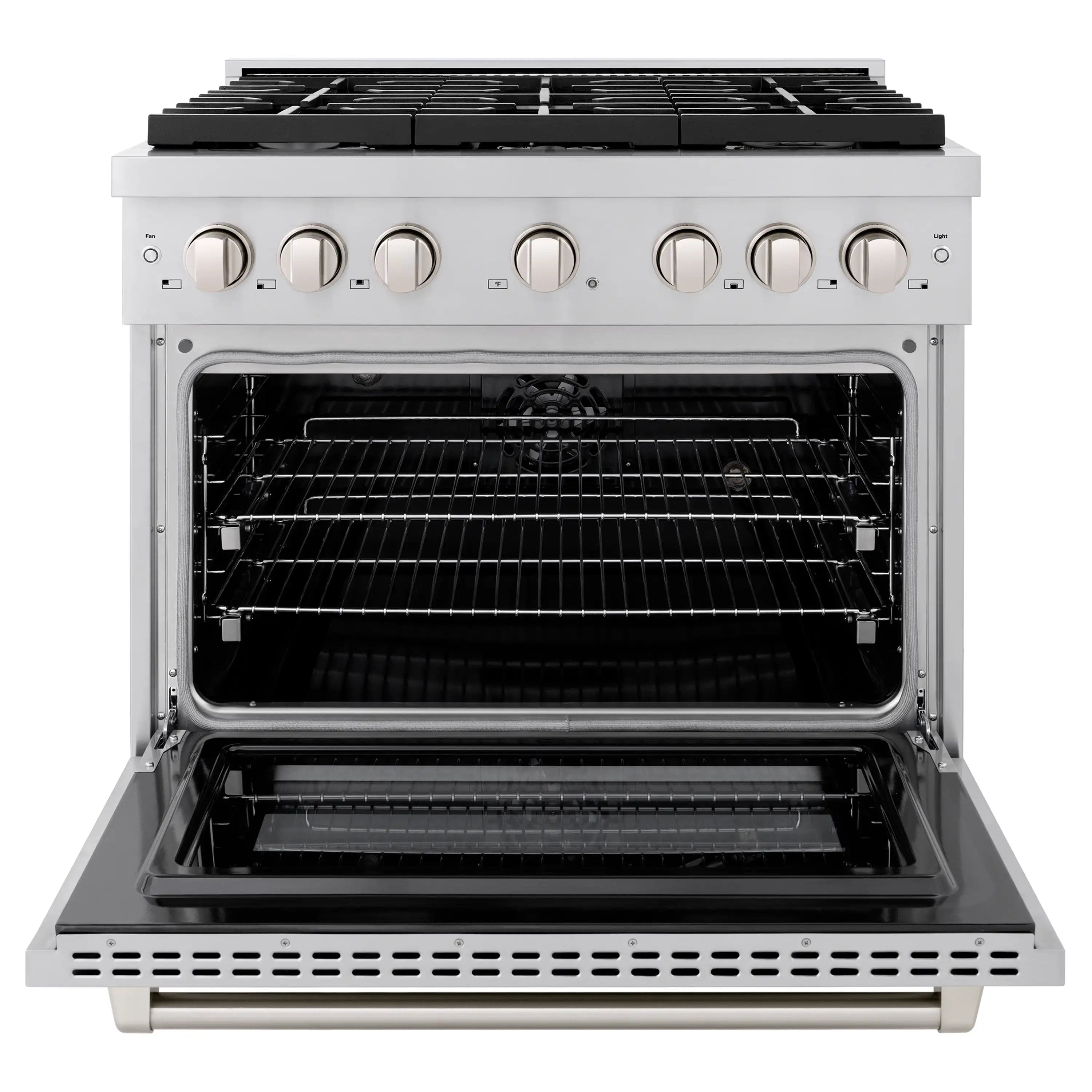 Stainless steel dual fuel range open oven with wire rack and bake pan