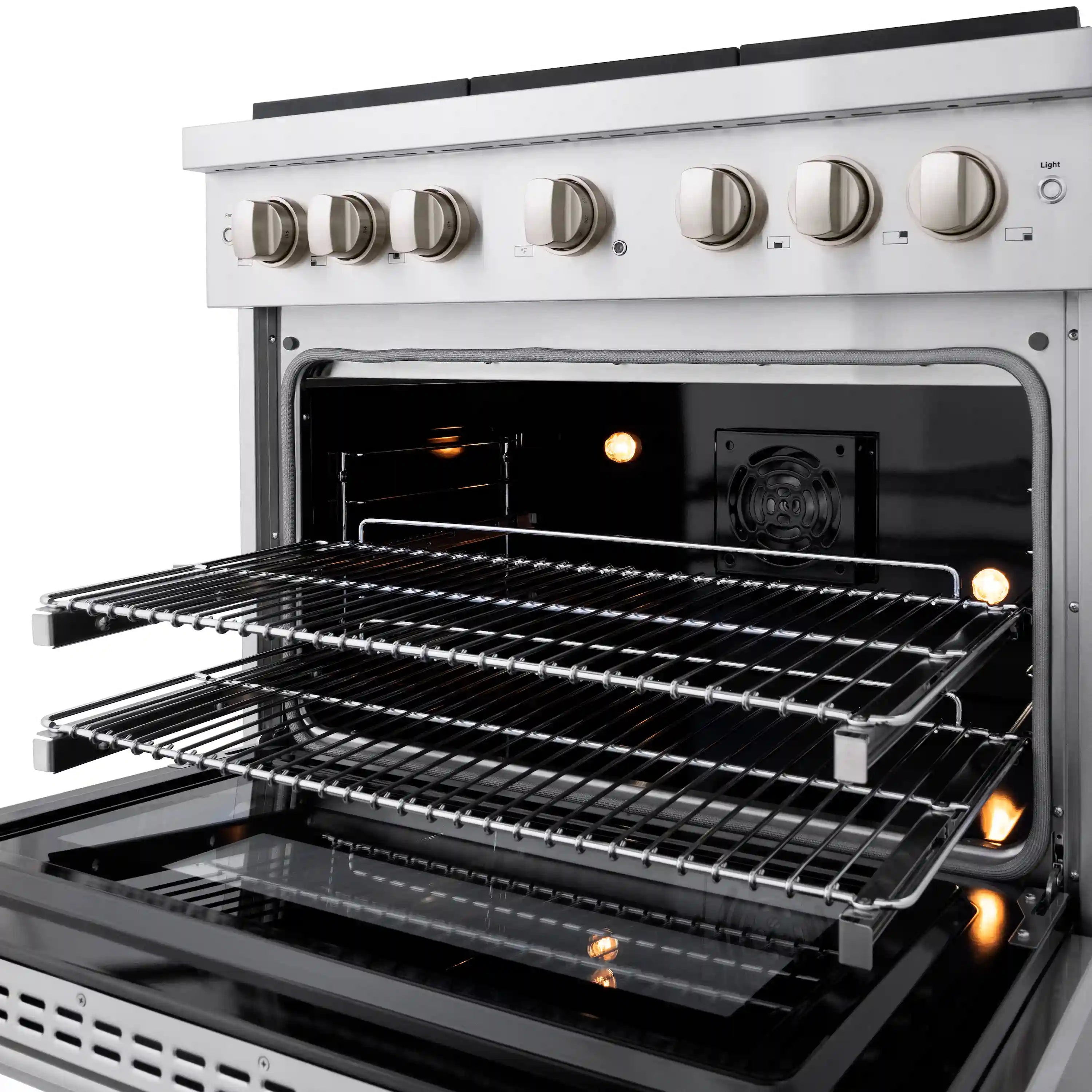 Stainless steel range oven with open door, wire racks, and lit heating elements