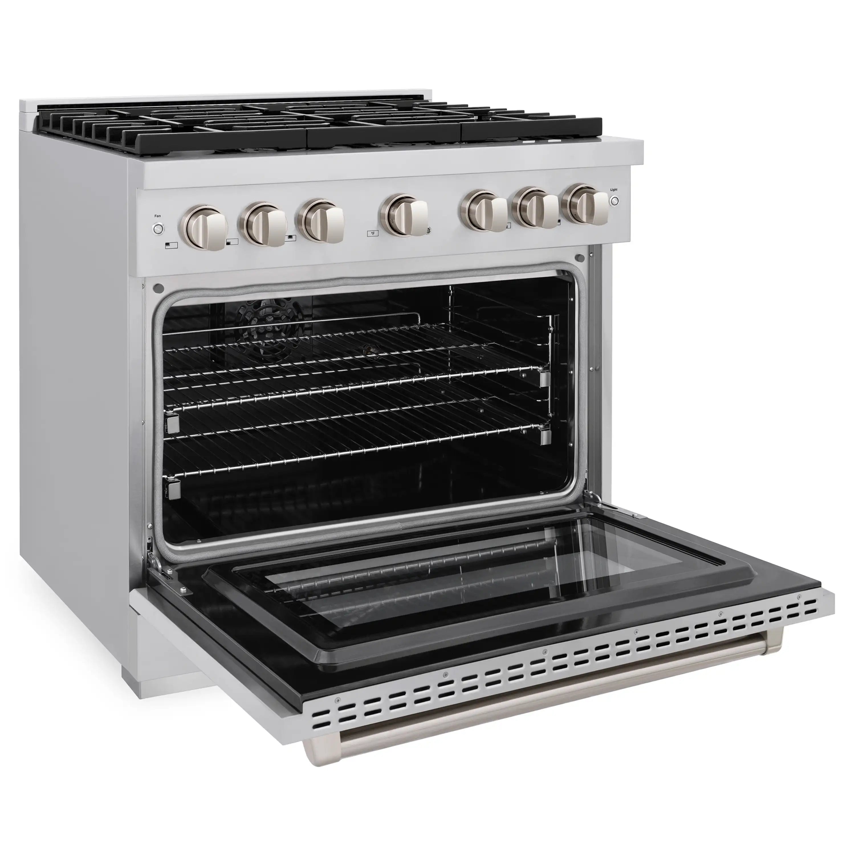 Stainless steel range with oven door open and wire rack inside