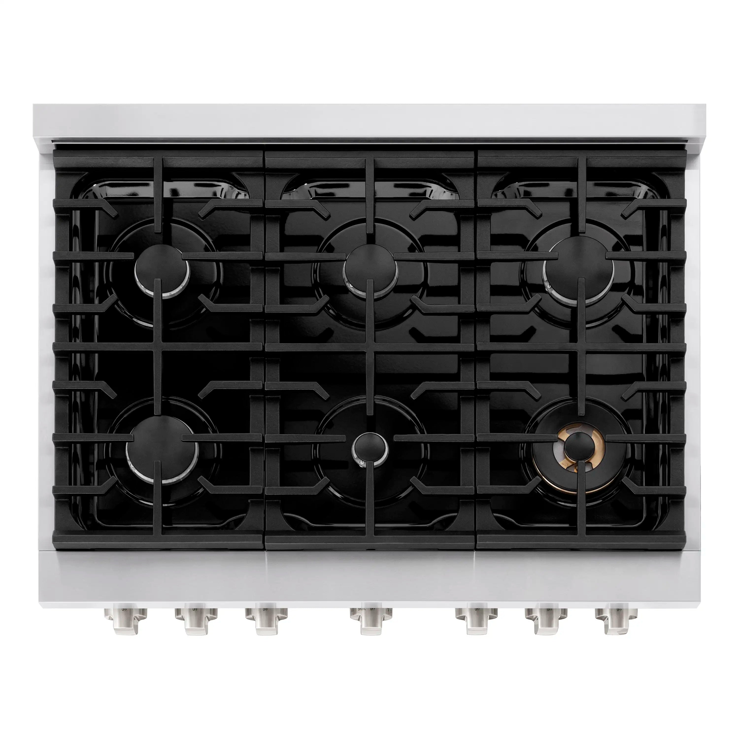 Top burner layout with black cast-iron grates on a dual-fuel range