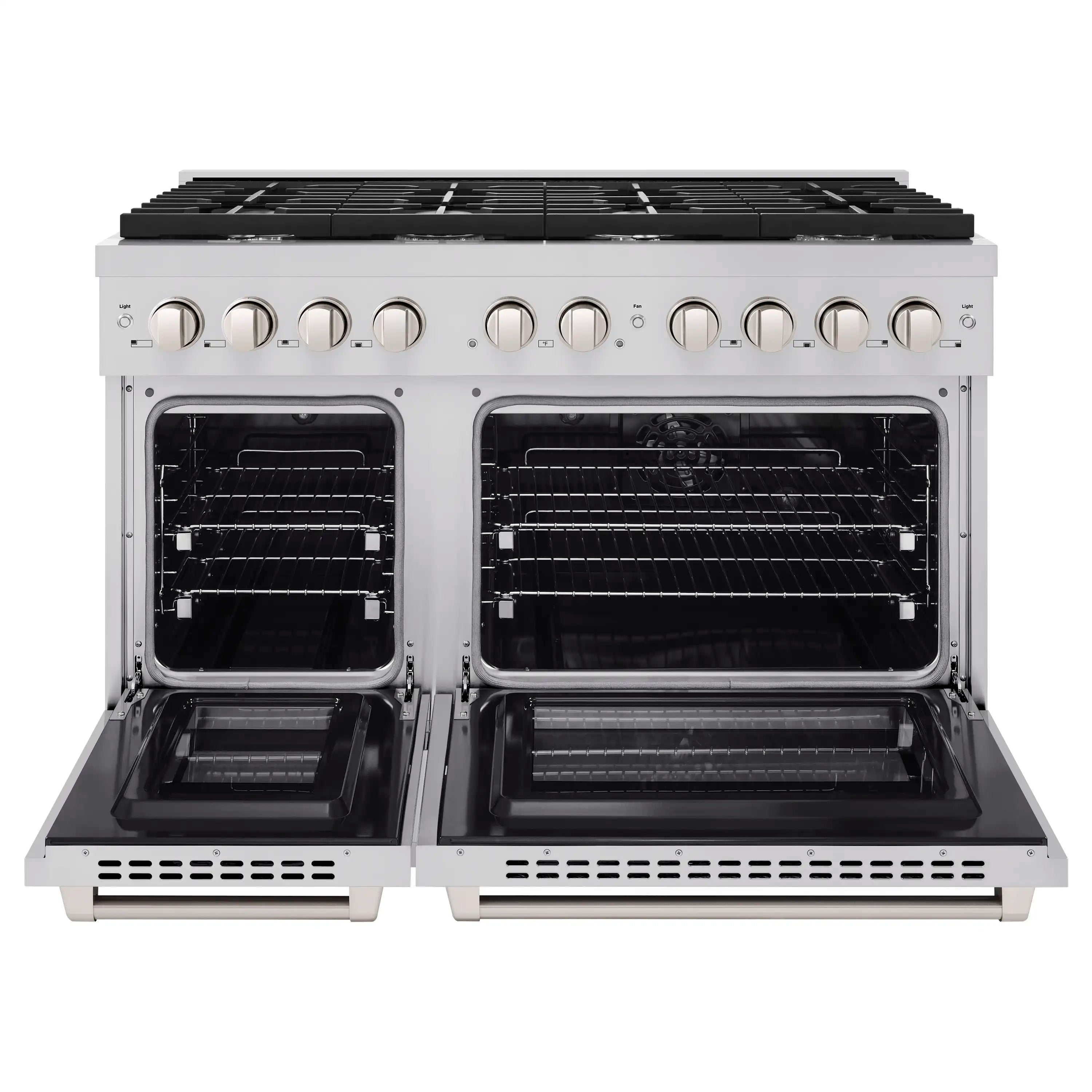 Stainless steel dual fuel range with both oven doors open and black oven interiors