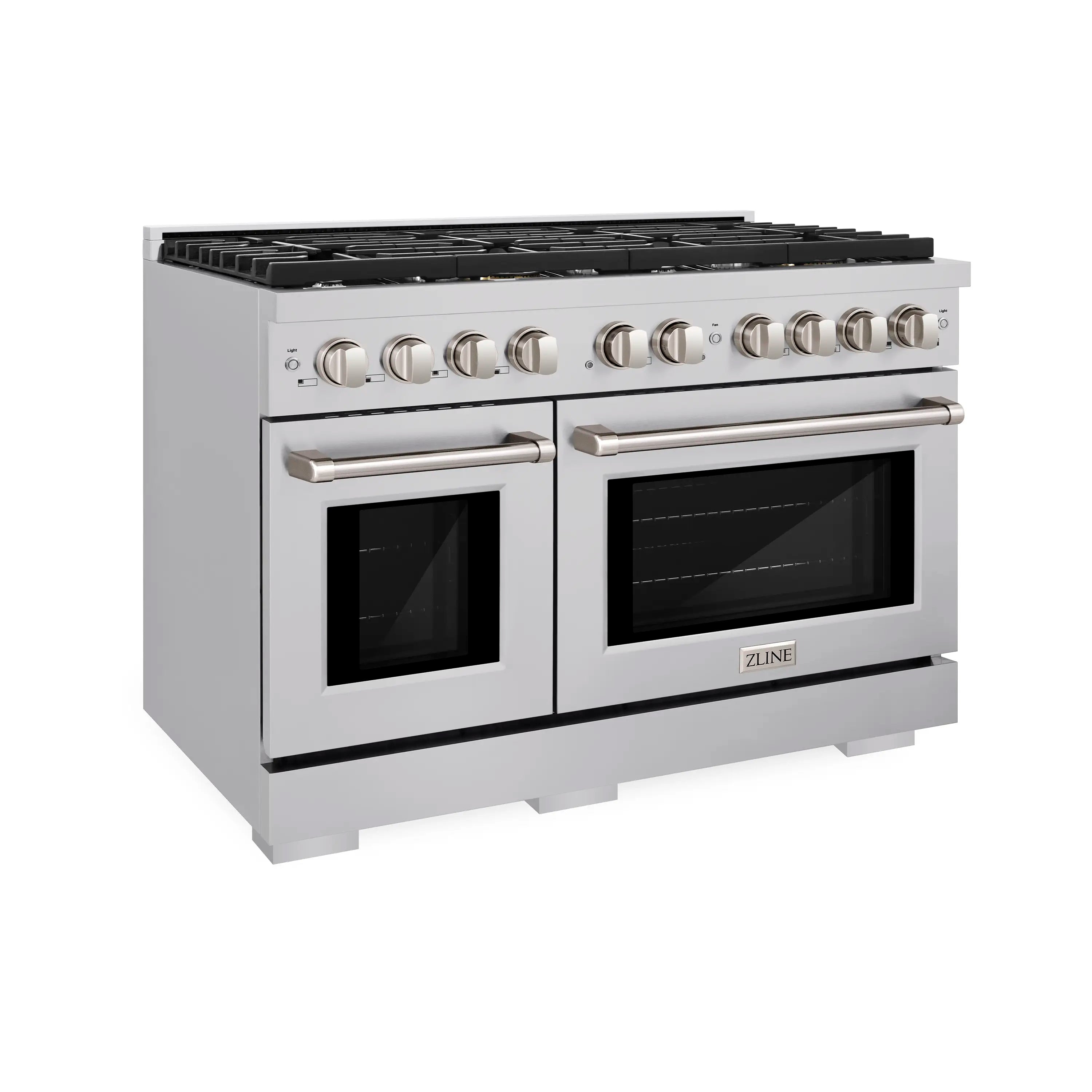 Stainless steel double oven range with two glass doors and top black cooktop grates