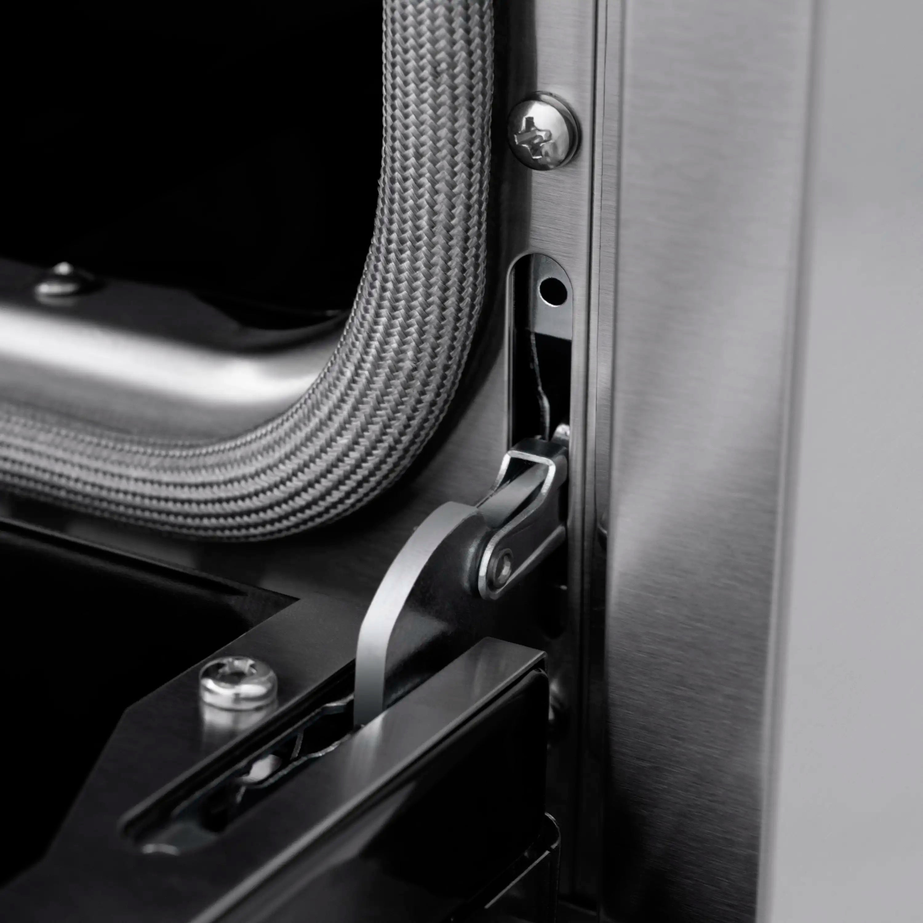 Range oven door hinge hardware with stainless steel frame and braided gasket