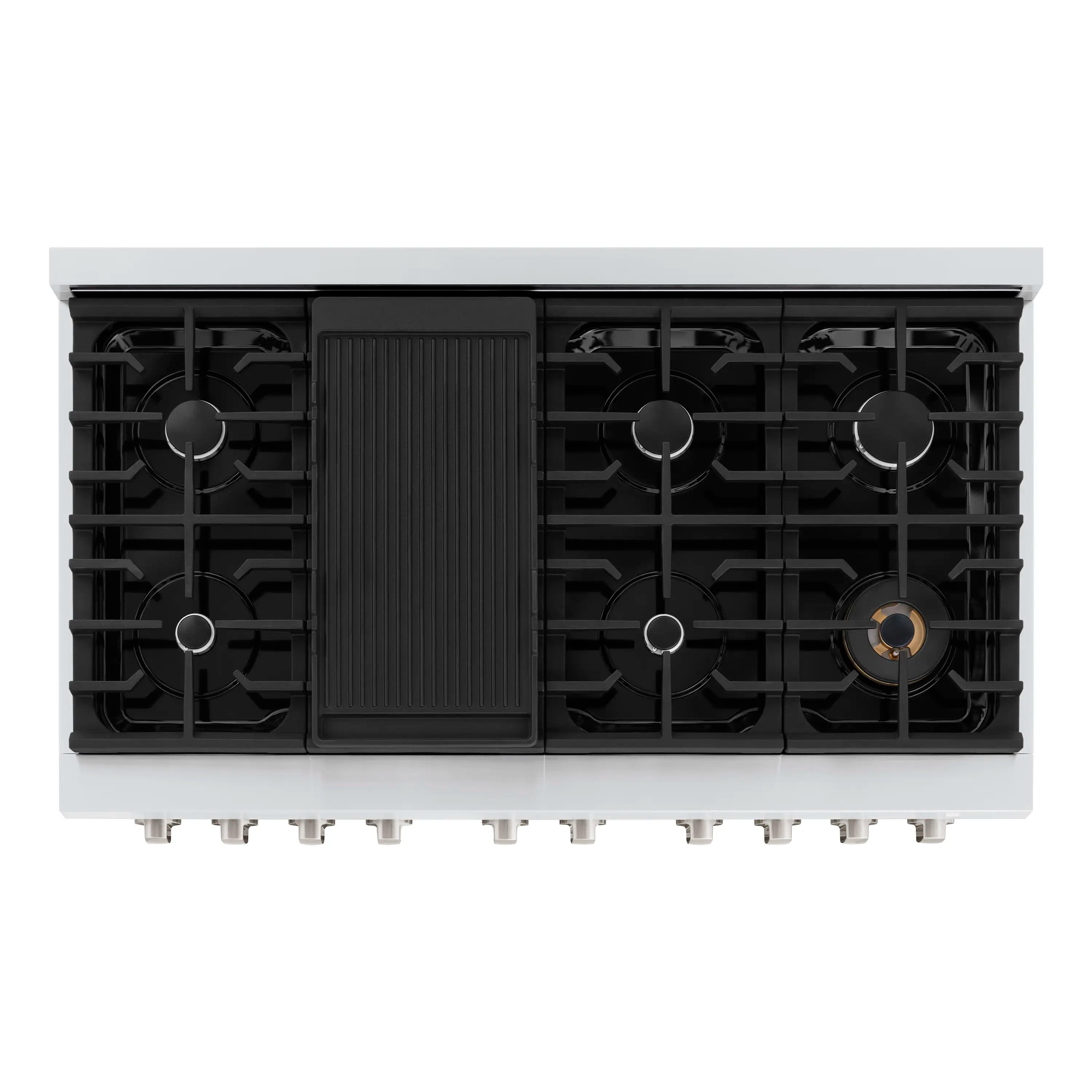 Gas cooktop burner layout with black grates and center burner cap