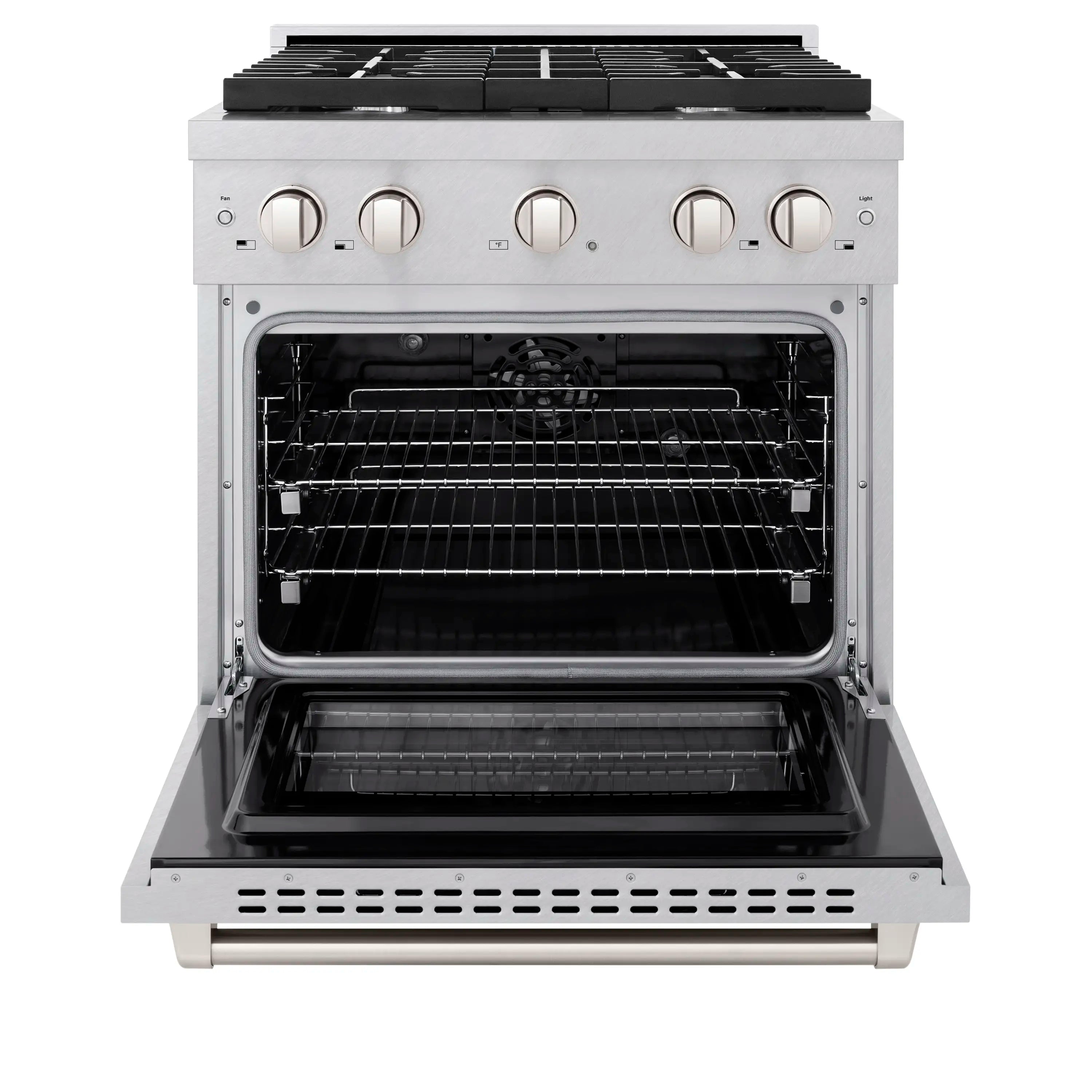 Dual fuel range oven open with interior racks and satin stainless steel door frame