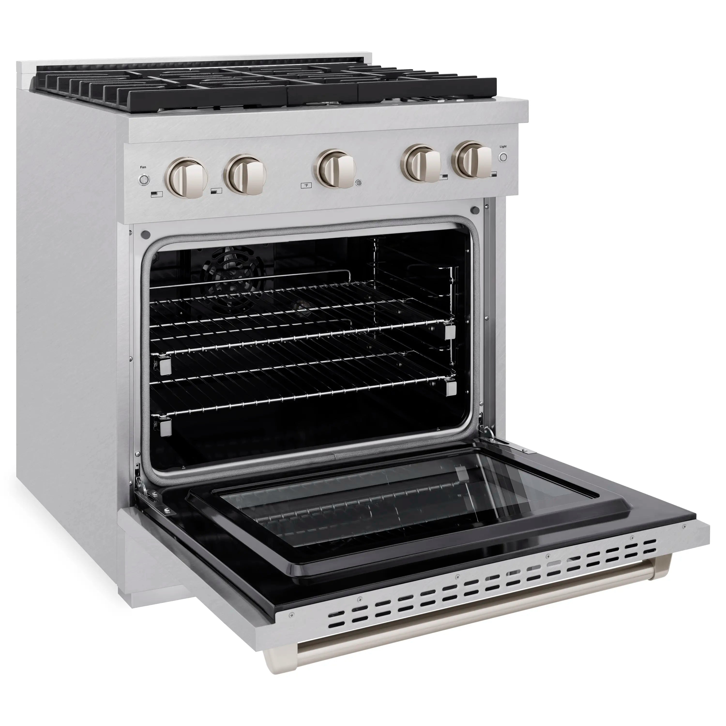 Satin stainless steel electric convection oven with open door and black interior racks