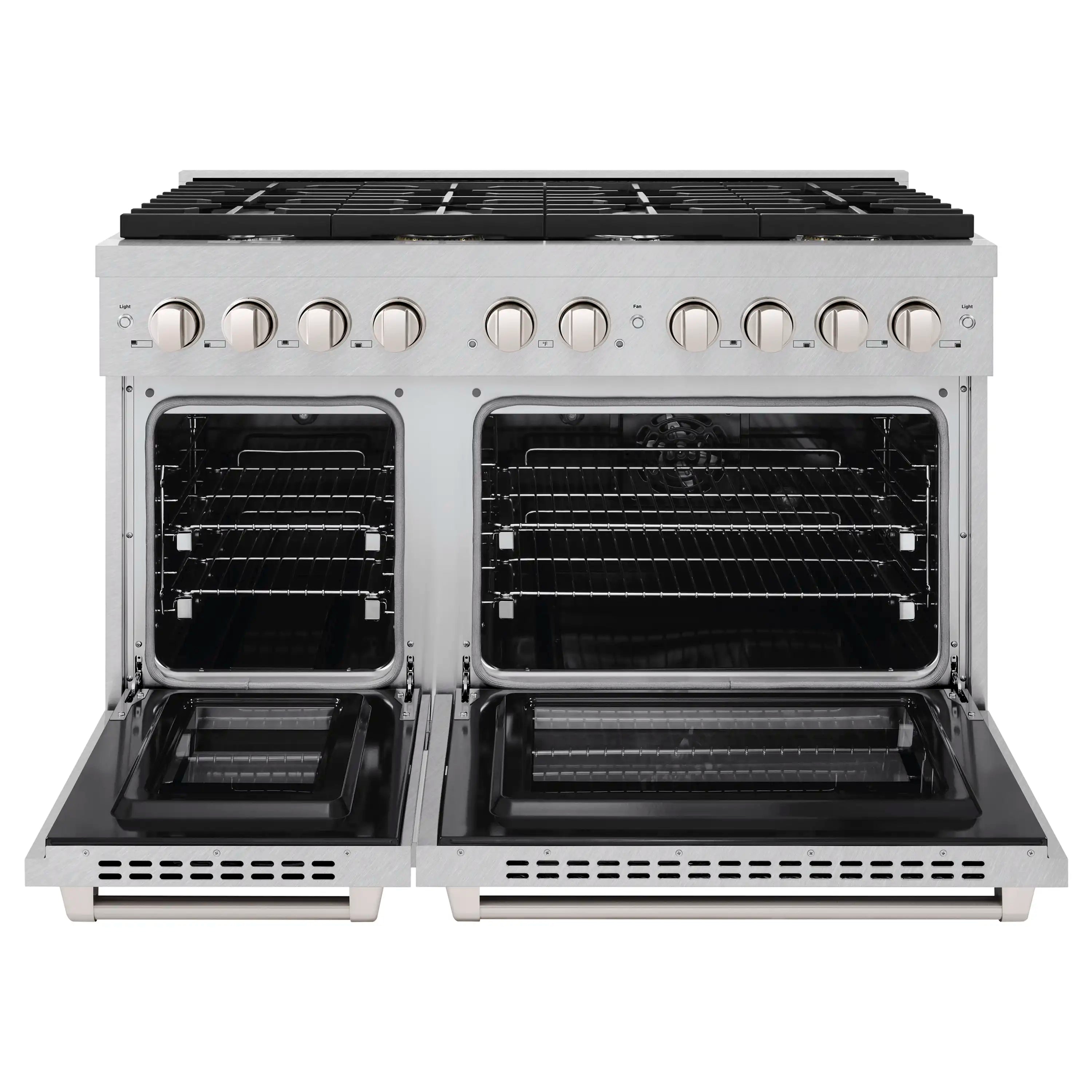 Satin stainless steel dual-oven range with two open oven doors