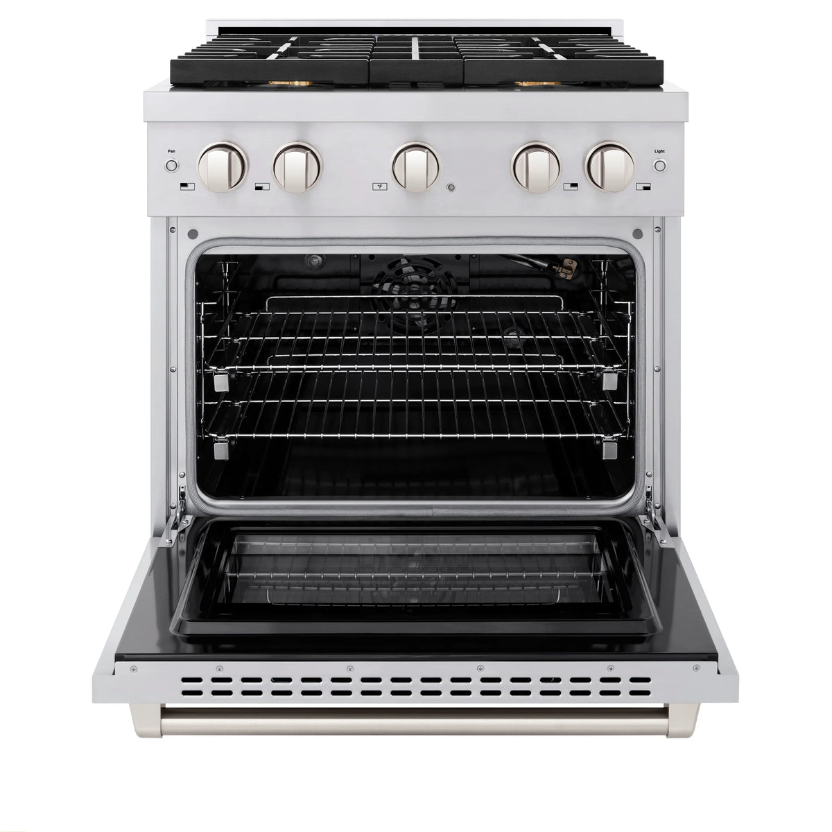 Stainless steel gas range with open convection oven and wire racks, front view