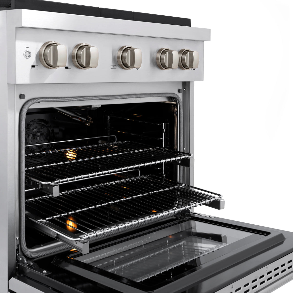 Convection oven interior with wire racks and glowing burners under the oven floor