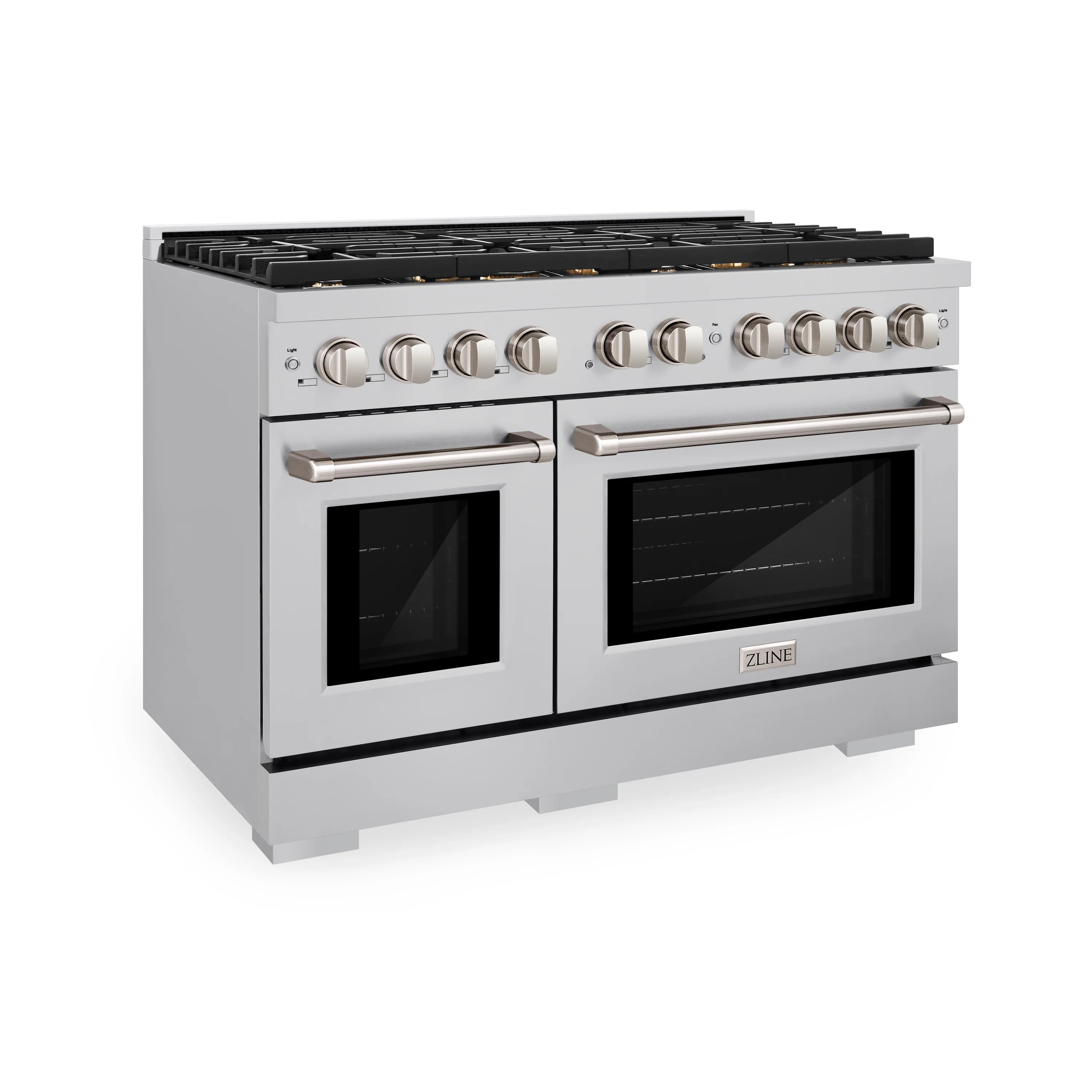 Stainless steel dual fuel range with dual ovens, burners, and polished control knobs