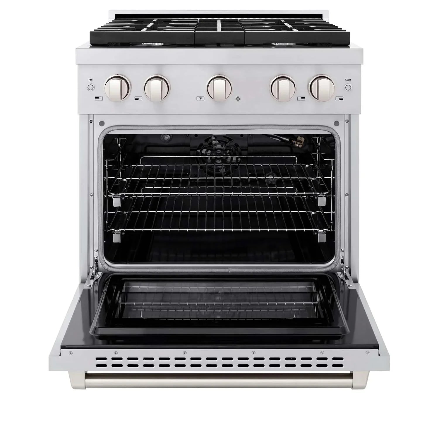 White gas range with open oven door and baking racks