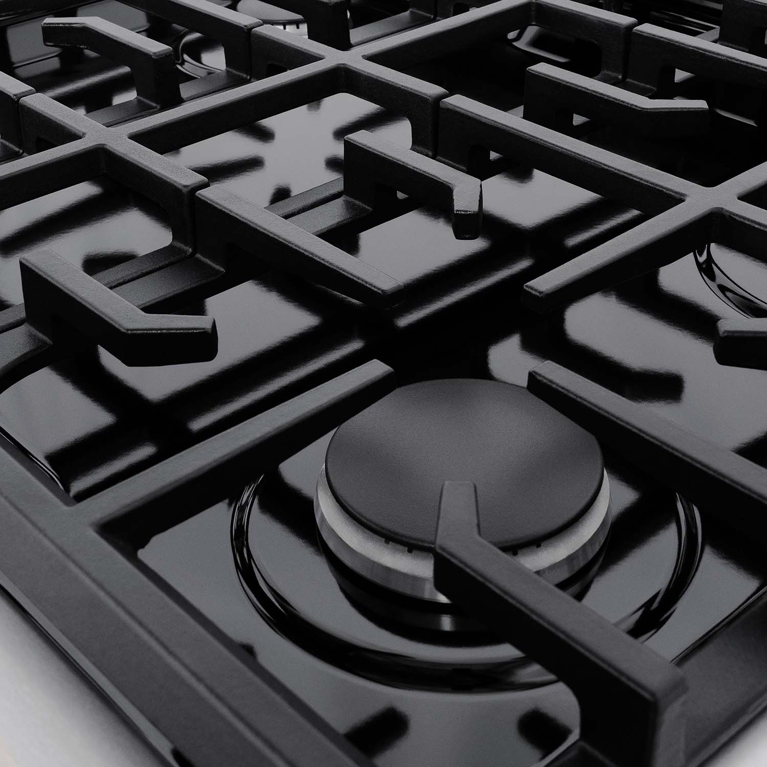 Black gas cooktop burner grate with round burner cap