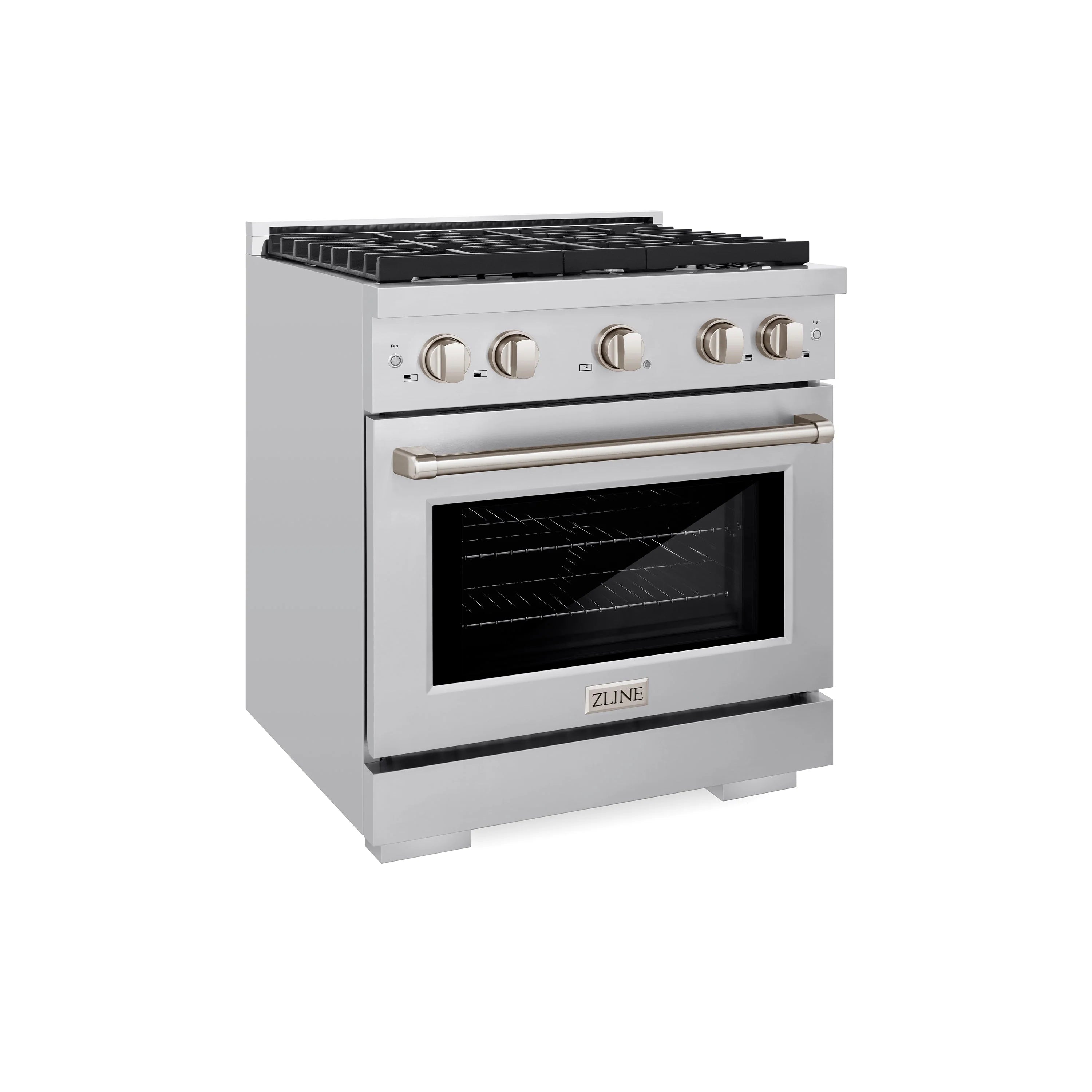 Stainless steel gas range with oven door and top burner grates, front view