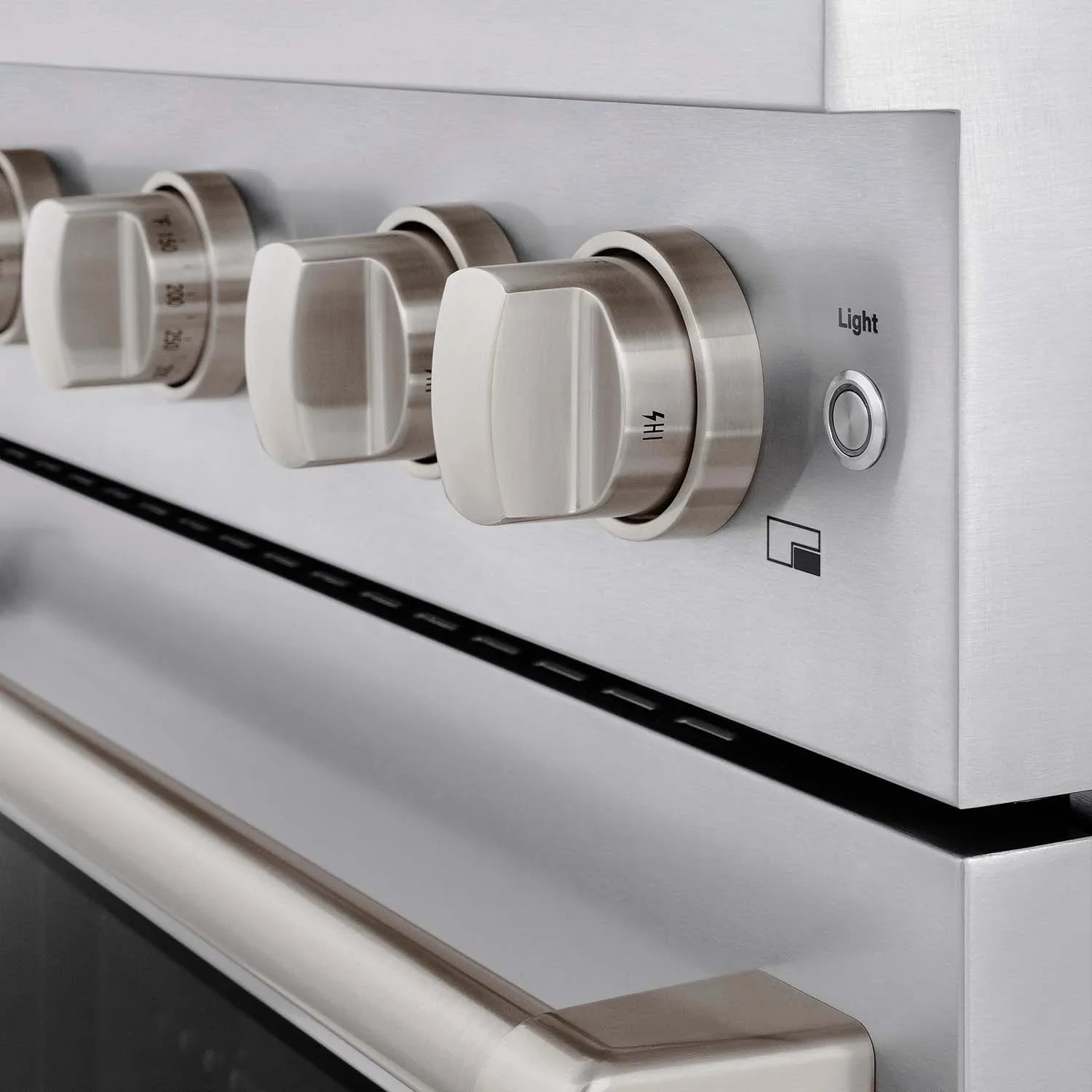 ZLINE gas range stainless control panel with multiple burner knobs and Light button