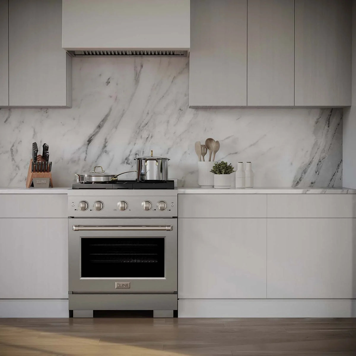 Stainless gas range with oven door and overhead vent hood, centered front view